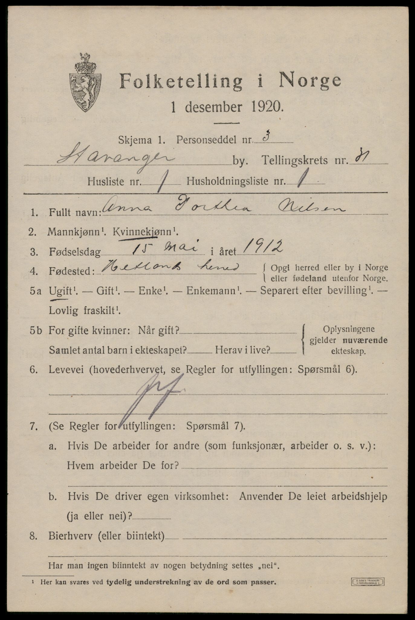 SAST, 1920 census for Stavanger, 1920, p. 86852