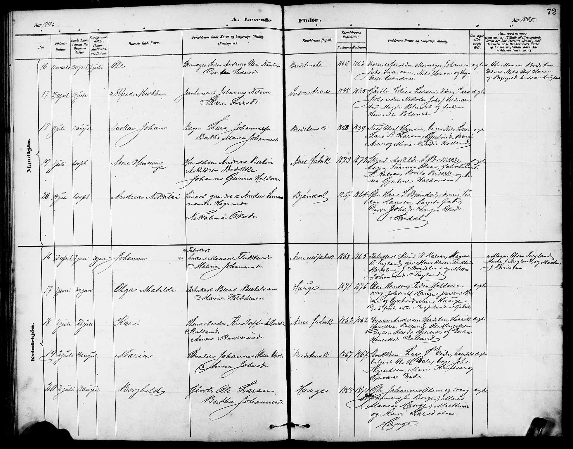 Arna Sokneprestembete, AV/SAB-A-74001/H/Ha/Hab: Parish register (copy) no. A 3, 1887-1897, p. 72