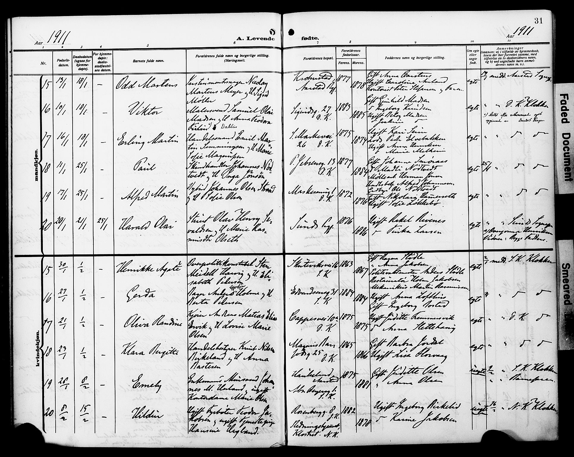 Fødselsstiftelsens sokneprestembete*, SAB/-: Parish register (official) no. A 4, 1910-1918, p. 31