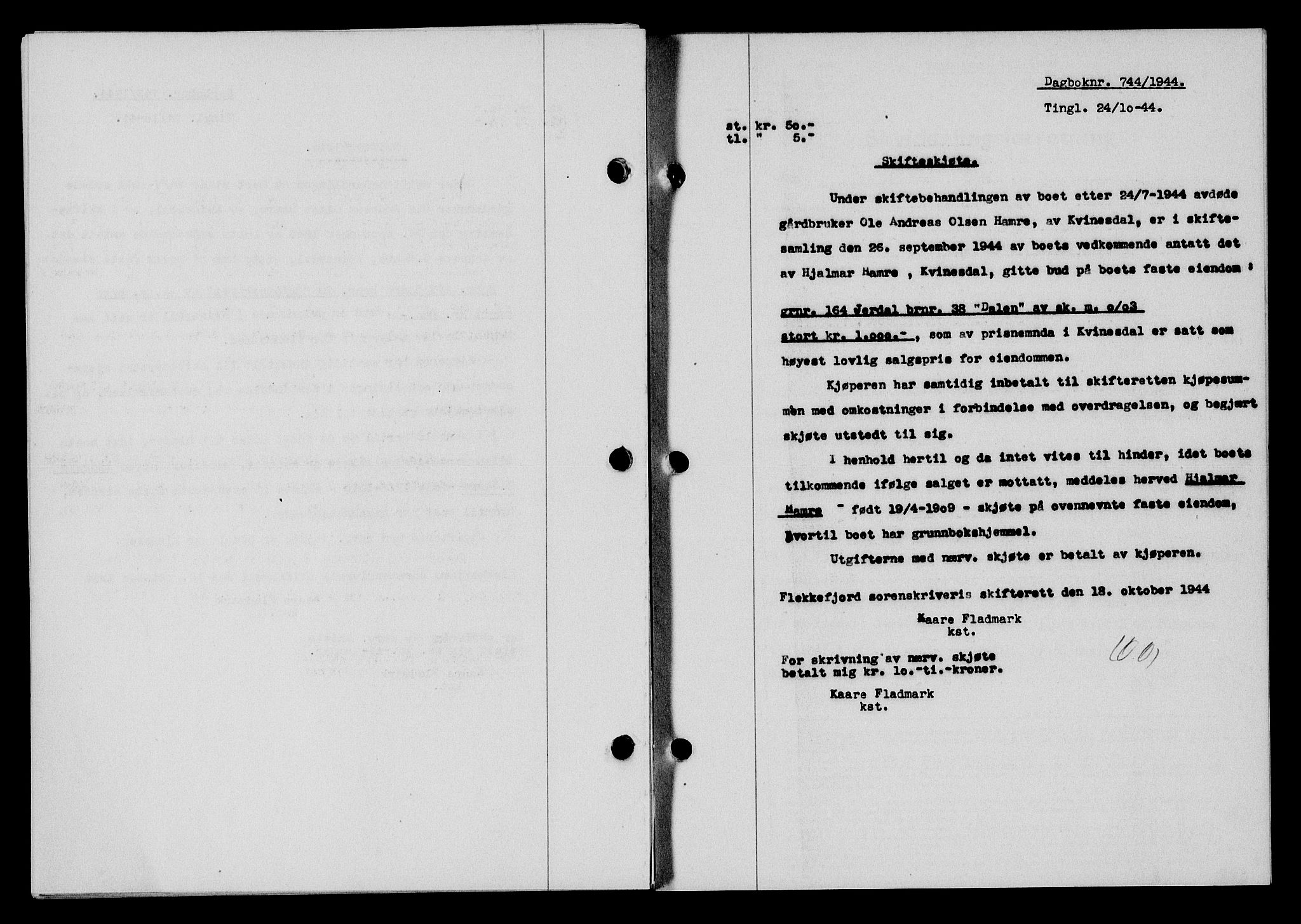 Flekkefjord sorenskriveri, SAK/1221-0001/G/Gb/Gba/L0059: Mortgage book no. A-7, 1944-1945, Diary no: : 744/1944