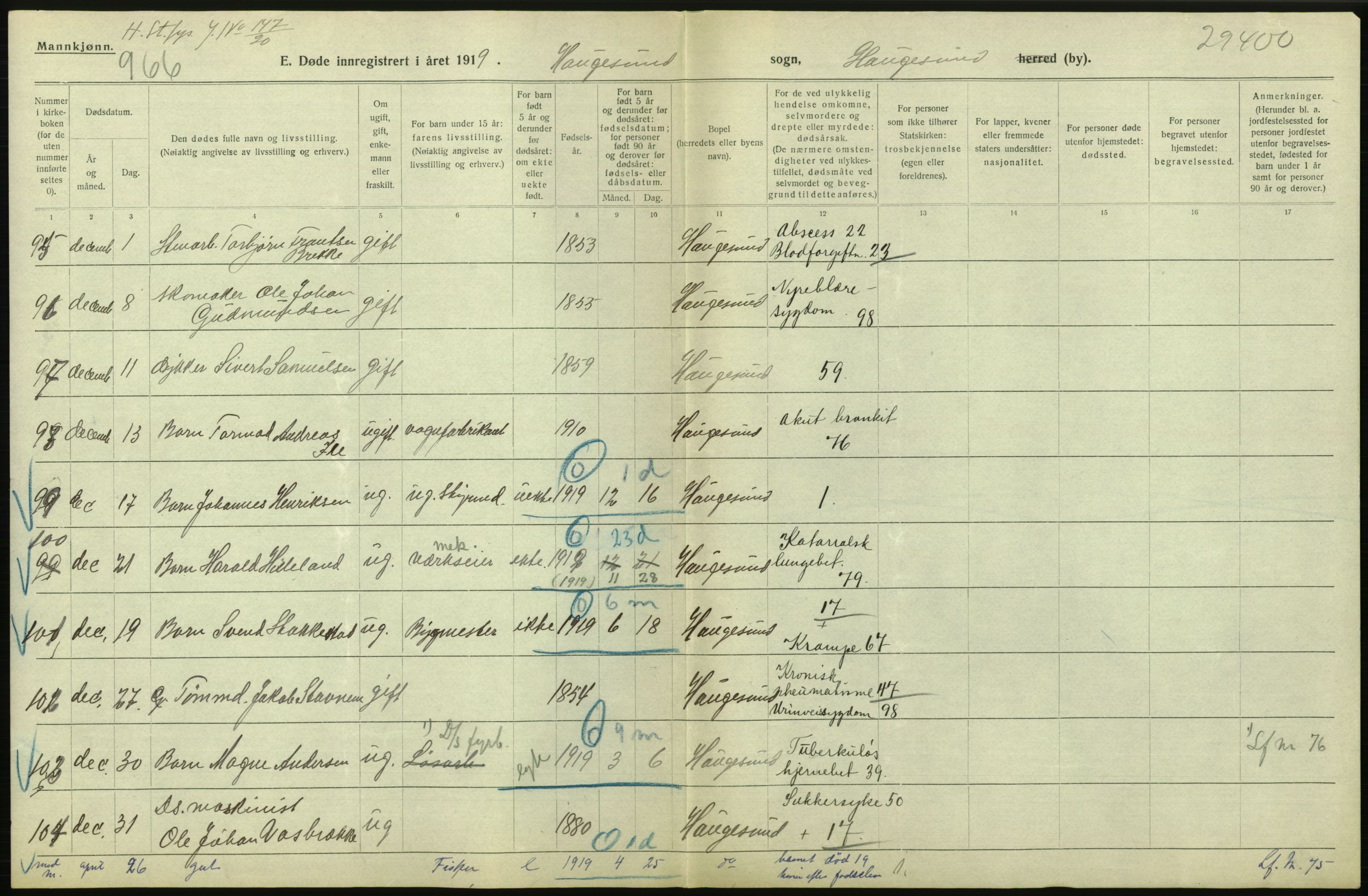 Statistisk sentralbyrå, Sosiodemografiske emner, Befolkning, AV/RA-S-2228/D/Df/Dfb/Dfbi/L0030: Rogaland fylke: Døde. Bygder og byer., 1919, p. 476