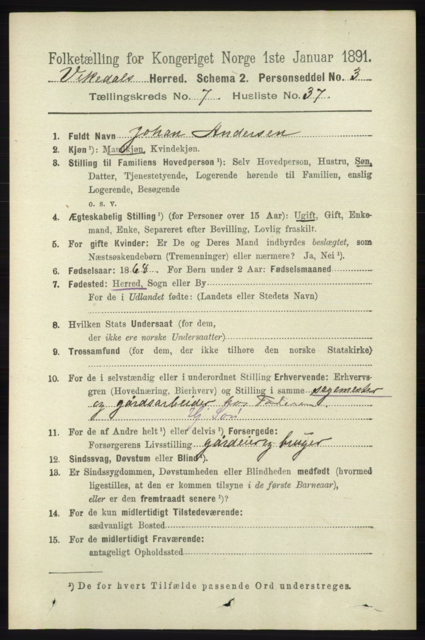 RA, 1891 census for 1157 Vikedal, 1891, p. 2188