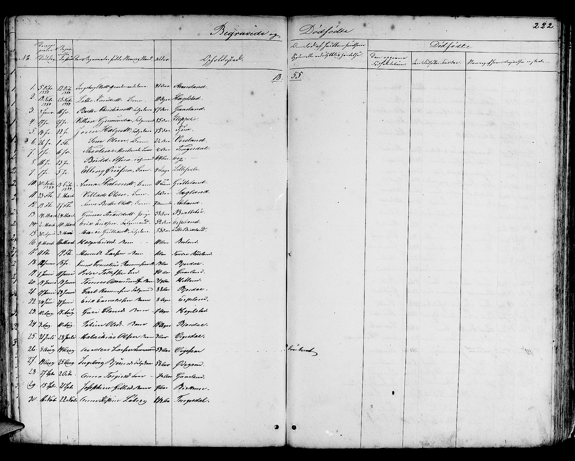 Helleland sokneprestkontor, SAST/A-101810: Parish register (copy) no. B 3, 1847-1886, p. 222