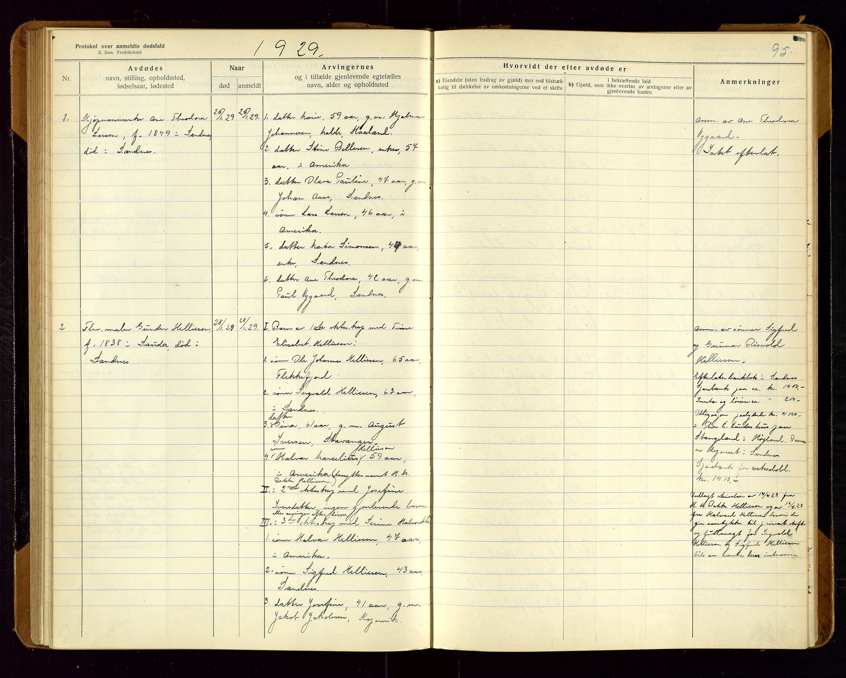 Sandnes lensmannskontor, SAST/A-100167/Gga/L0001: "Protokol over anmeldte dødsfald" m/register, 1918-1940, p. 95