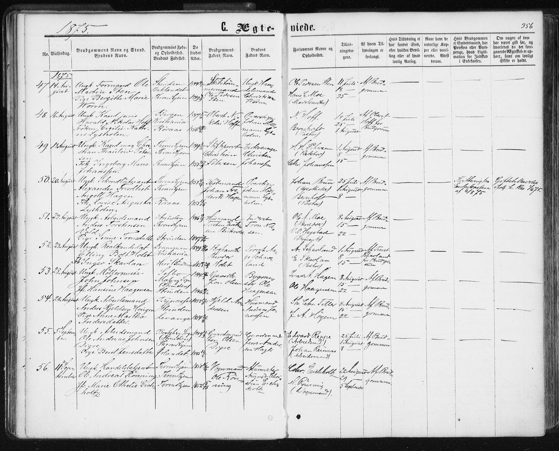 Ministerialprotokoller, klokkerbøker og fødselsregistre - Sør-Trøndelag, SAT/A-1456/601/L0055: Parish register (official) no. 601A23, 1866-1877, p. 356