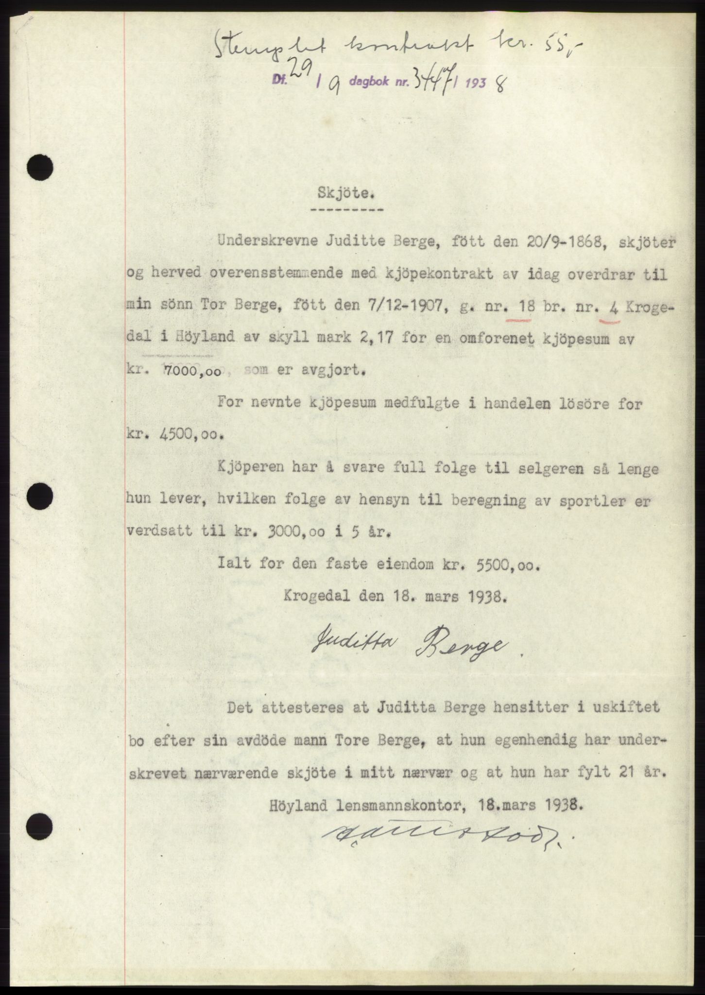 Jæren sorenskriveri, SAST/A-100310/03/G/Gba/L0072: Mortgage book, 1938-1938, Diary no: : 3447/1938