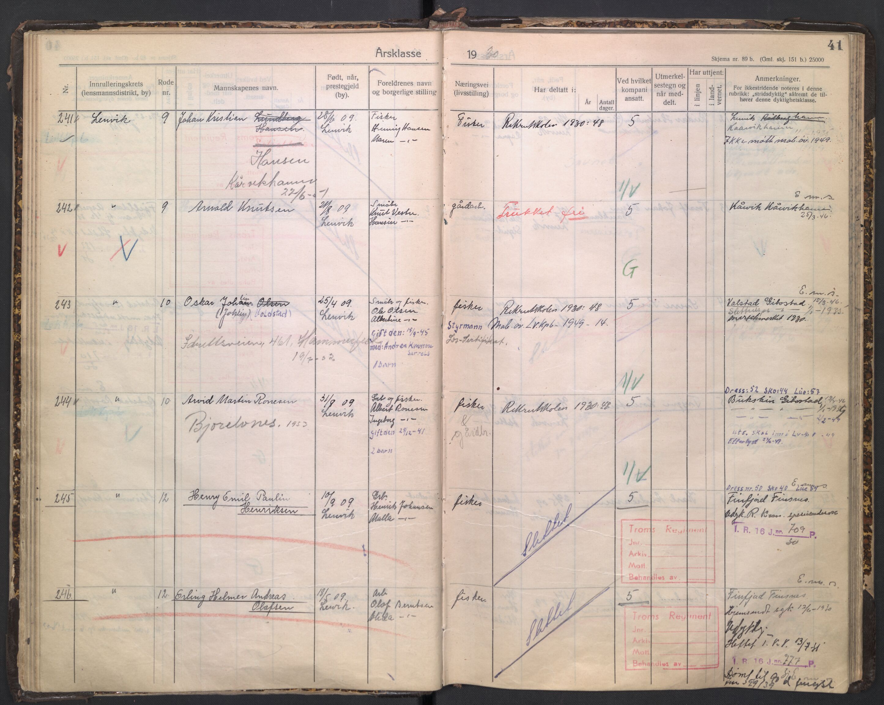 Forsvaret, Troms infanteriregiment nr. 16, AV/RA-RAFA-3146/P/Pa/L0005/0003: Ruller / Rulle for regimentets stridende menige mannskaper, årsklasse 1930, 1930, p. 41