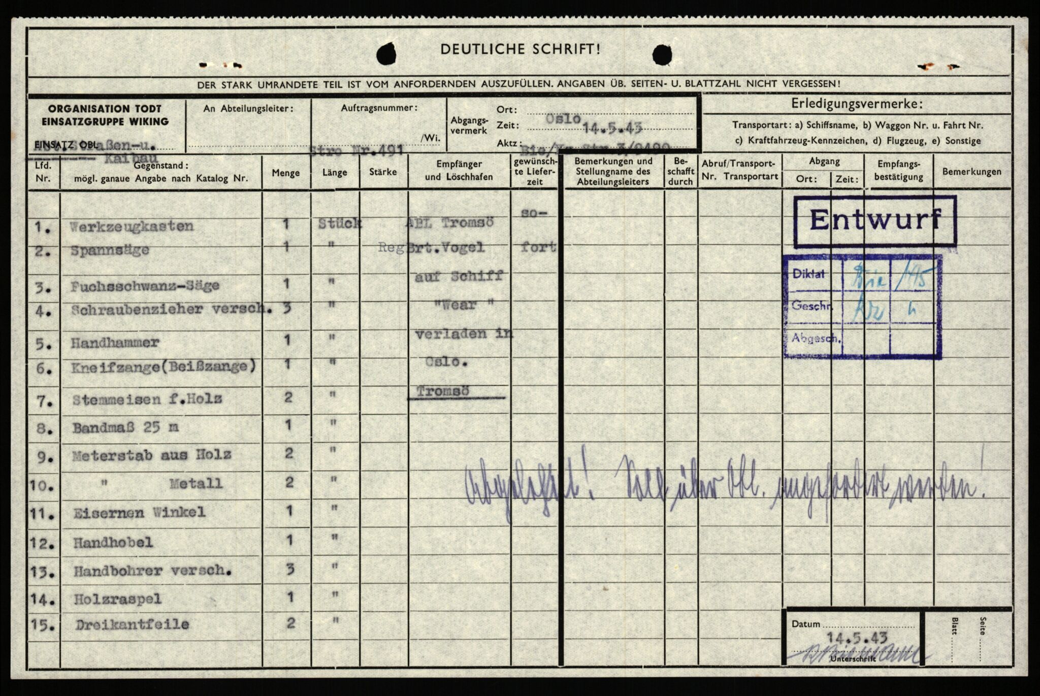 Tyske arkiver, Organisation Todt (OT), Einsatzgruppe Wiking, AV/RA-RAFA-2188/1/E/E6/E6c/L0007: Nachschub: Arkivkode 9451-9490, 1940-1945, p. 698