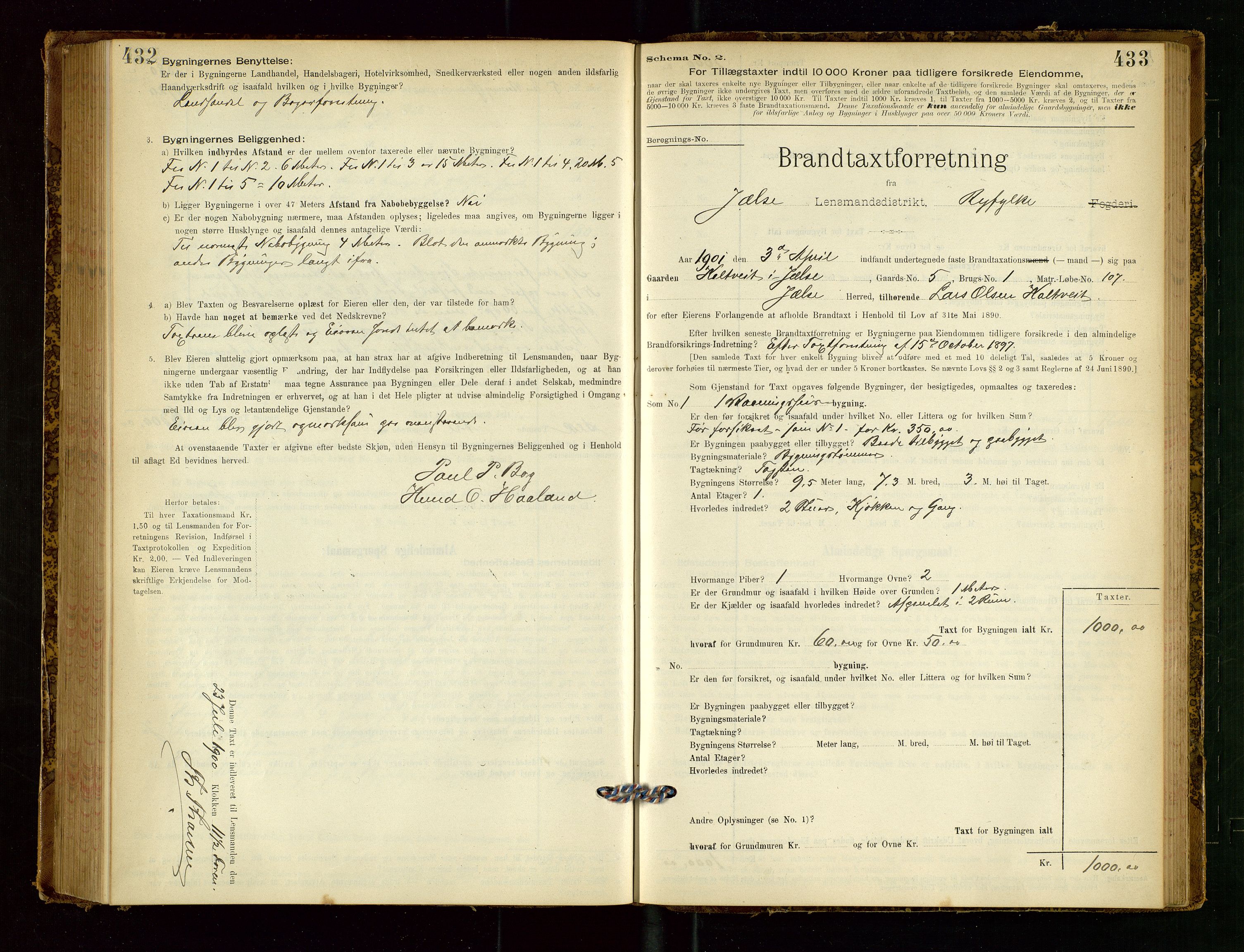Jelsa lensmannskontor, SAST/A-100360/Gob/L0001: "Brandtaxationsprotocol", 1895-1918, p. 432-433
