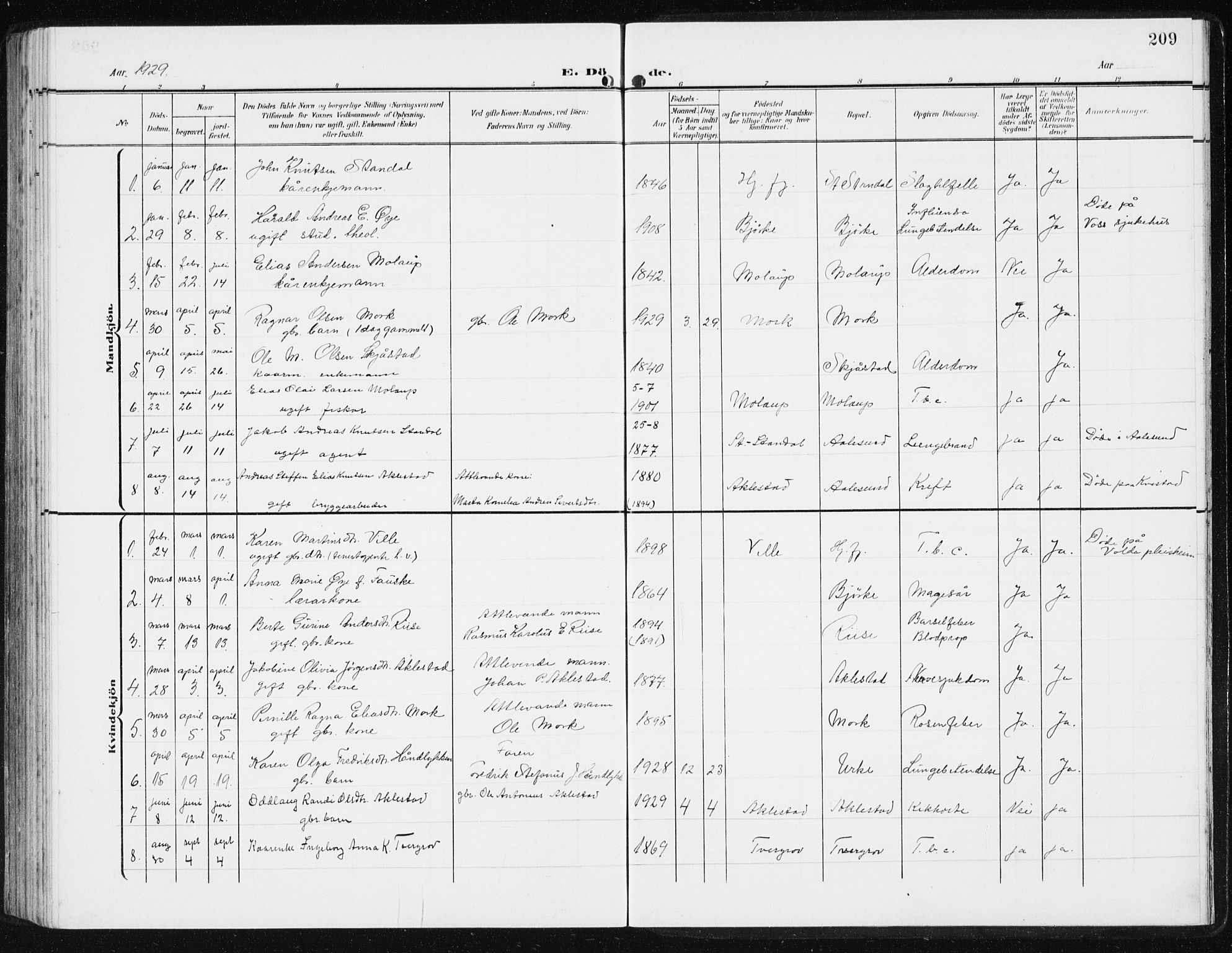 Ministerialprotokoller, klokkerbøker og fødselsregistre - Møre og Romsdal, SAT/A-1454/515/L0216: Parish register (copy) no. 515C03, 1906-1941, p. 209
