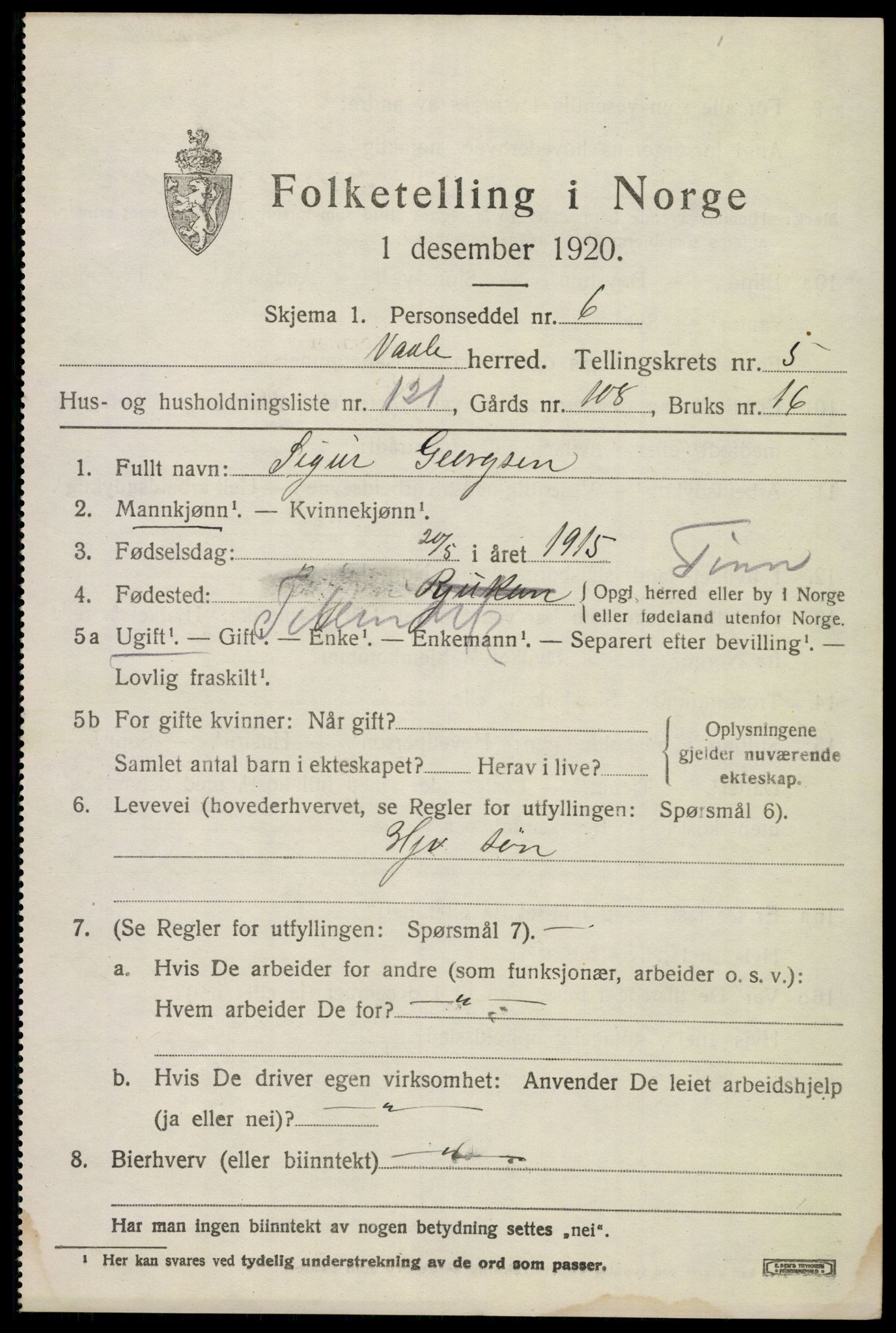 SAKO, 1920 census for Våle, 1920, p. 5034