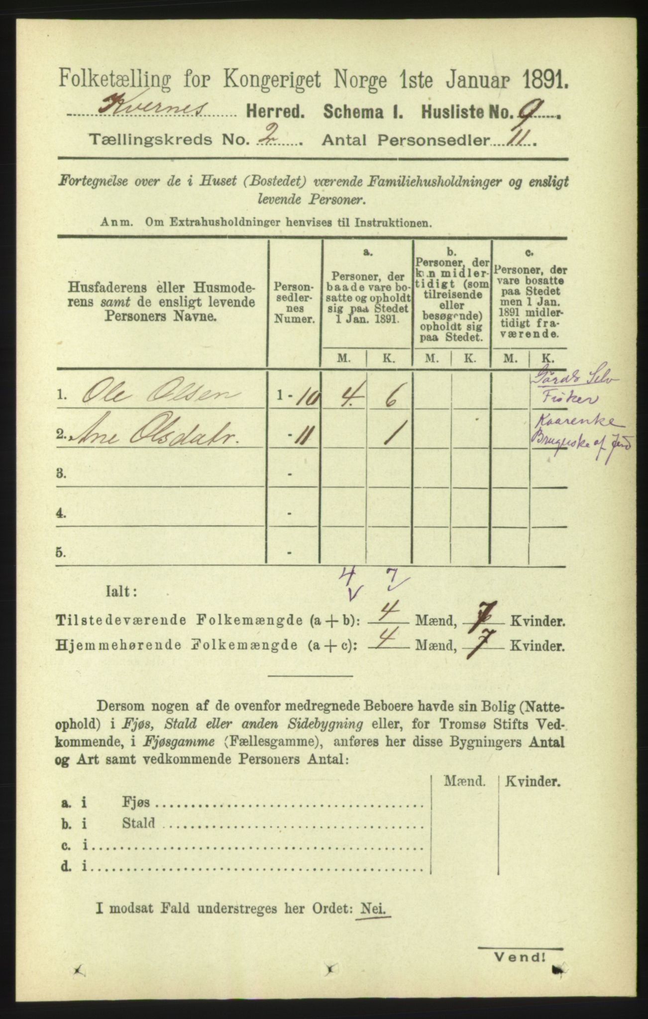 RA, 1891 census for 1553 Kvernes, 1891, p. 645