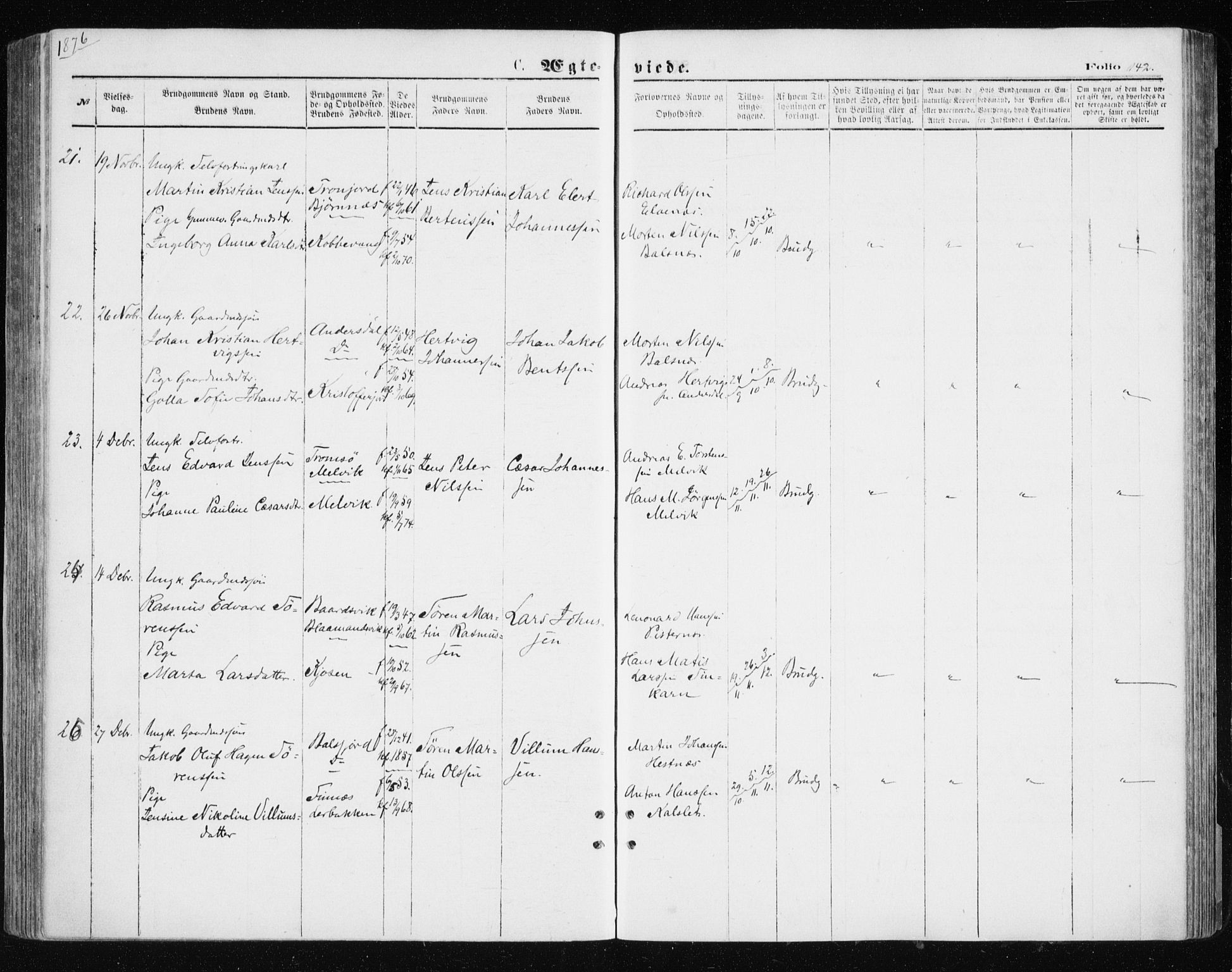 Tromsøysund sokneprestkontor, AV/SATØ-S-1304/G/Ga/L0003kirke: Parish register (official) no. 3, 1875-1880, p. 142