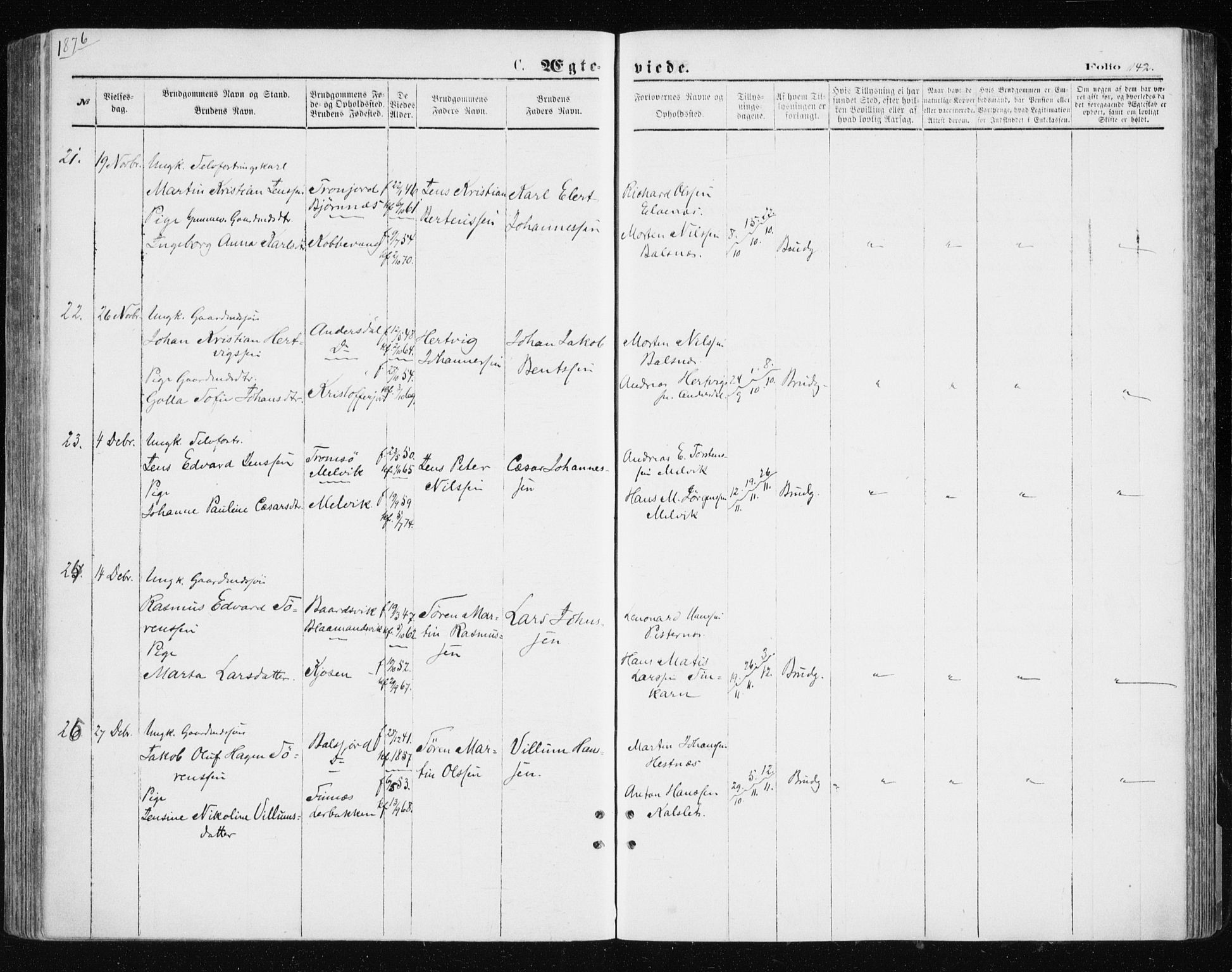 Tromsøysund sokneprestkontor, SATØ/S-1304/G/Ga/L0003kirke: Parish register (official) no. 3, 1875-1880, p. 142