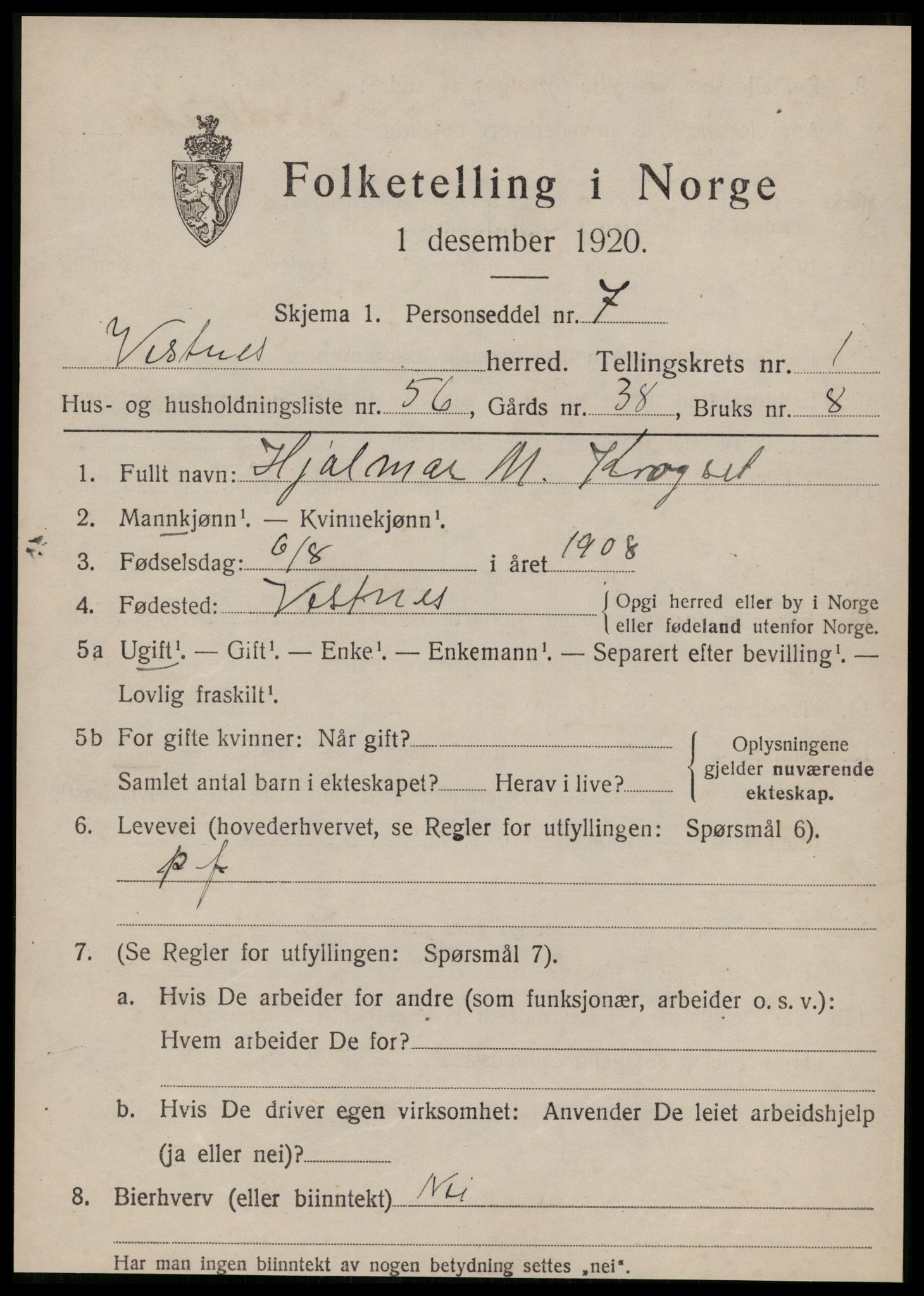 SAT, 1920 census for Vestnes, 1920, p. 1893