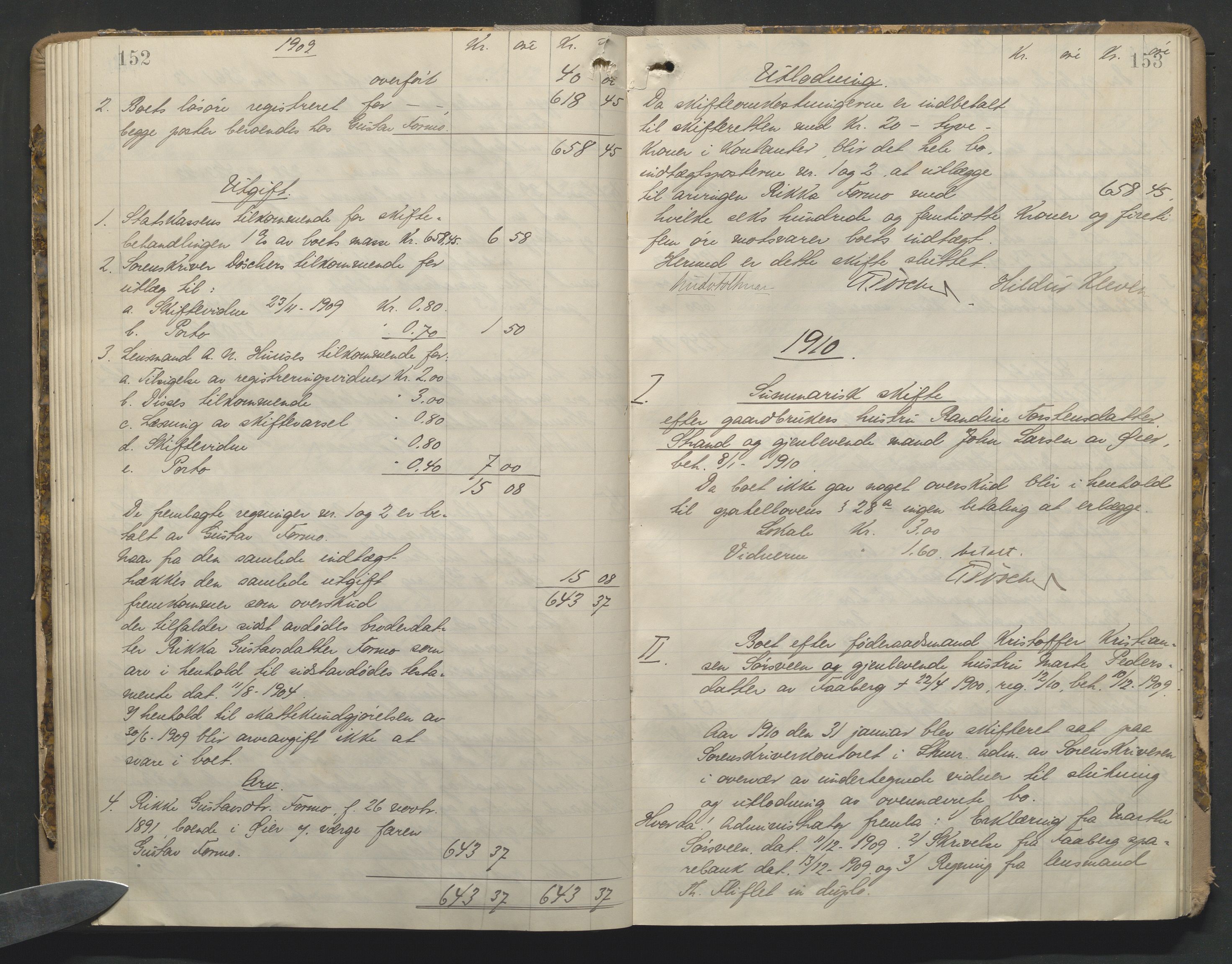 Sør-Gudbrandsdal tingrett, AV/SAH-TING-004/J/Ja/Jae/L0001: Skifteutlodningsprotokoll - landet, 1903-1912, p. 152-153