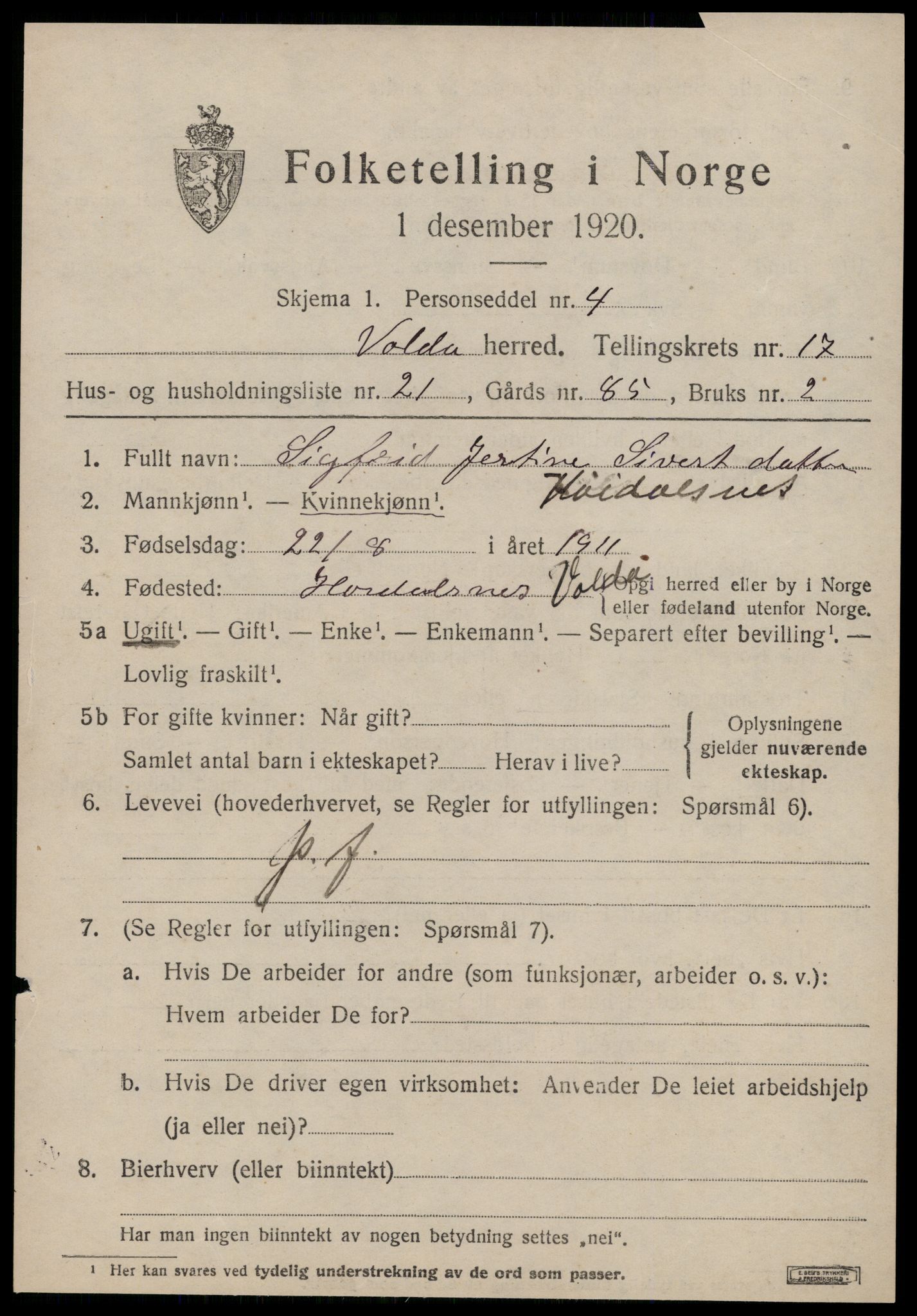 SAT, 1920 census for Volda, 1920, p. 9852