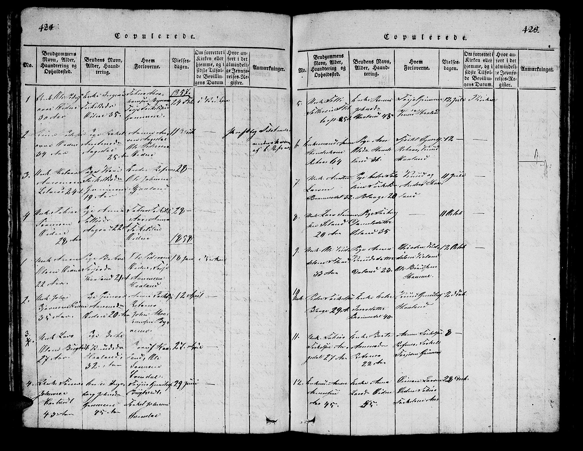 Bjelland sokneprestkontor, SAK/1111-0005/F/Fb/Fbc/L0001: Parish register (copy) no. B 1, 1815-1870, p. 424-425
