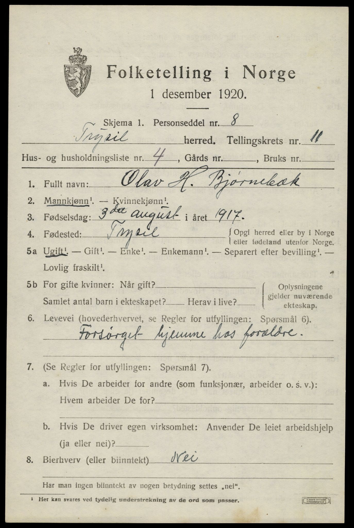 SAH, 1920 census for Trysil, 1920, p. 7009