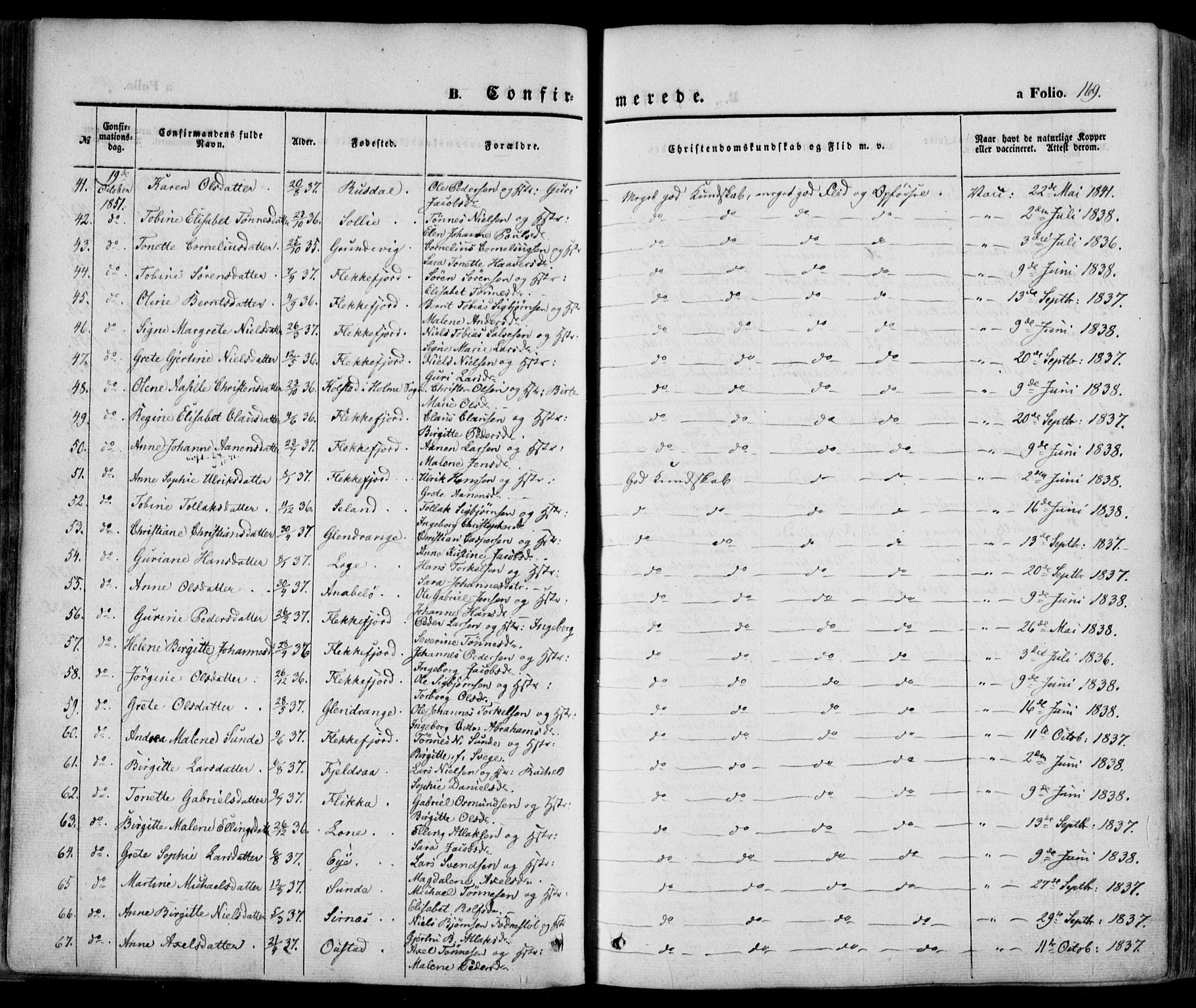 Flekkefjord sokneprestkontor, AV/SAK-1111-0012/F/Fa/Fac/L0005: Parish register (official) no. A 5, 1849-1875, p. 169