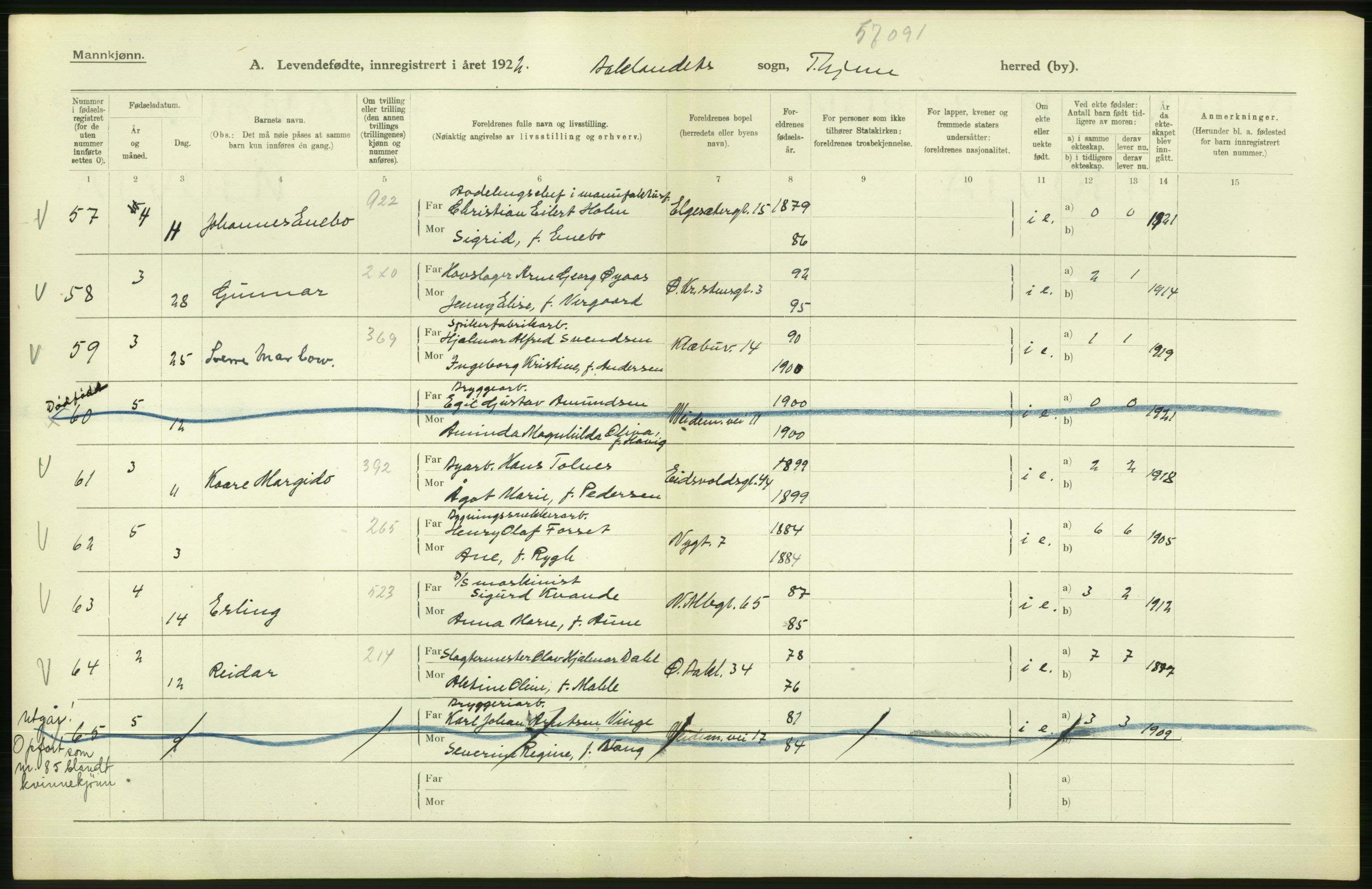 Statistisk sentralbyrå, Sosiodemografiske emner, Befolkning, AV/RA-S-2228/D/Df/Dfc/Dfcb/L0039: Trondheim: Levendefødte menn og kvinner., 1922, p. 44