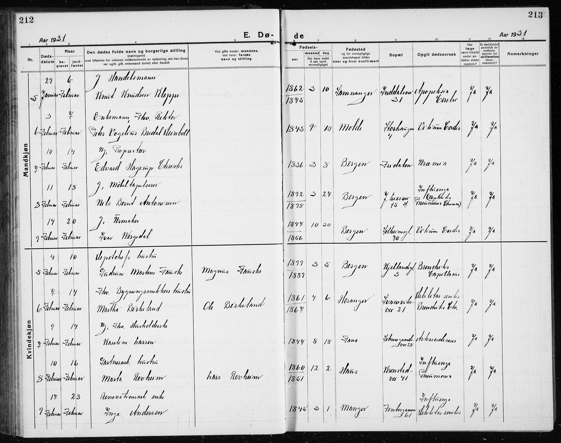 Årstad Sokneprestembete, SAB/A-79301/H/Hab/L0025: Parish register (copy) no. D 2, 1922-1940, p. 212-213
