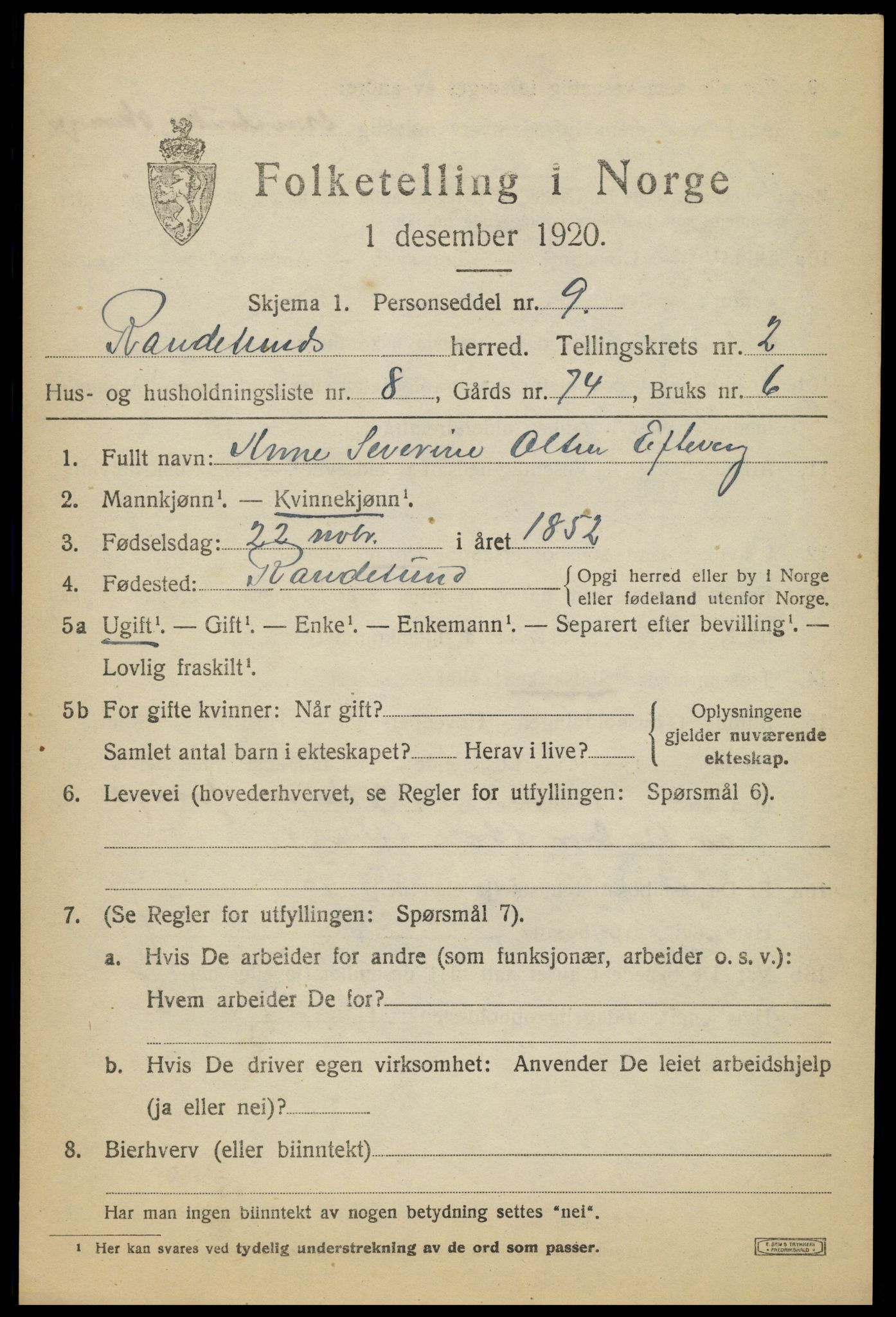 SAK, 1920 census for Randesund, 1920, p. 1160