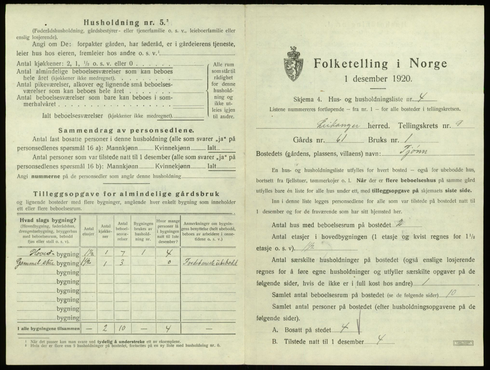 SAB, 1920 census for Leikanger, 1920, p. 868