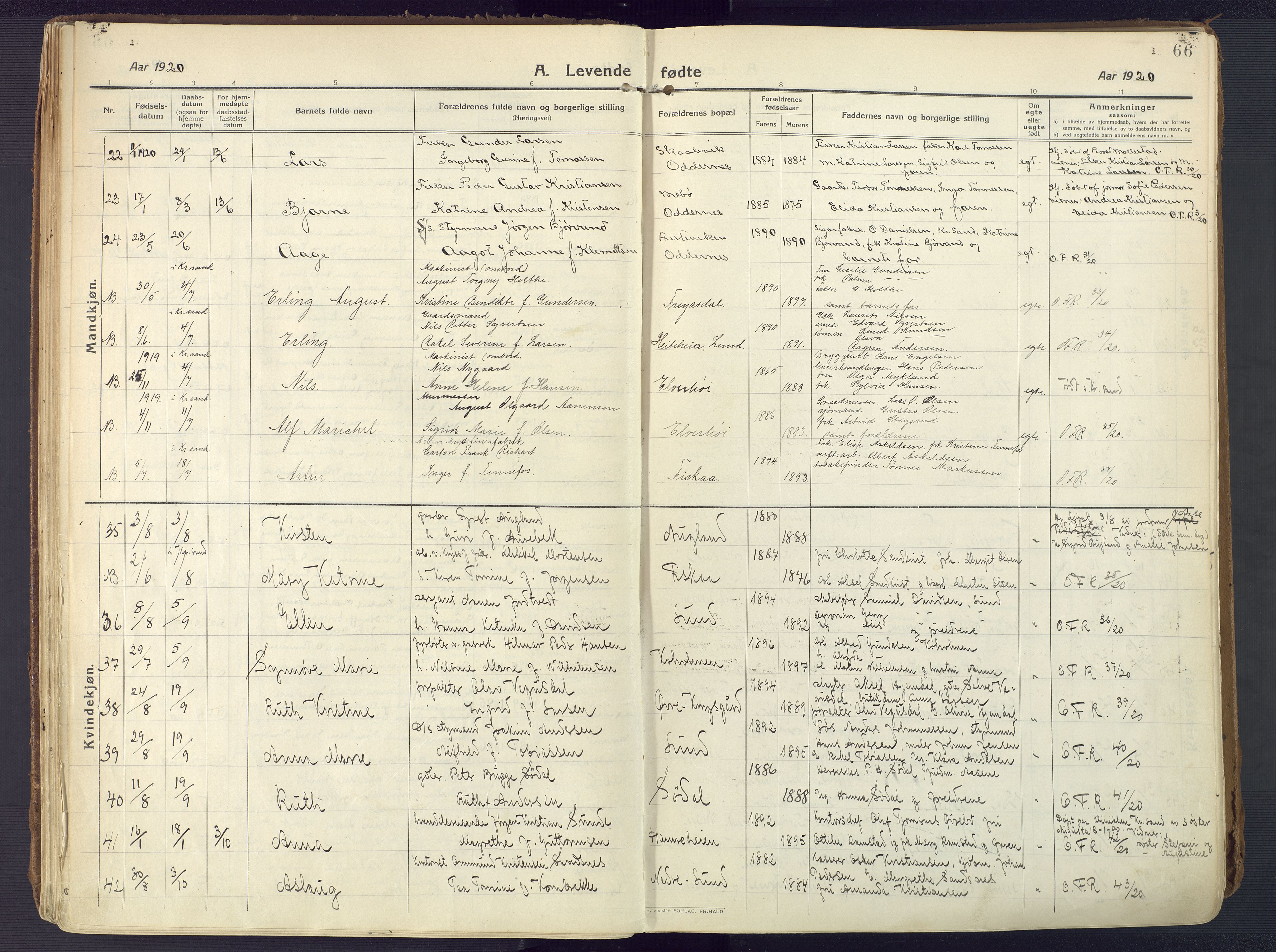 Oddernes sokneprestkontor, AV/SAK-1111-0033/F/Fa/Faa/L0012: Parish register (official) no. A 12, 1912-1925, p. 66