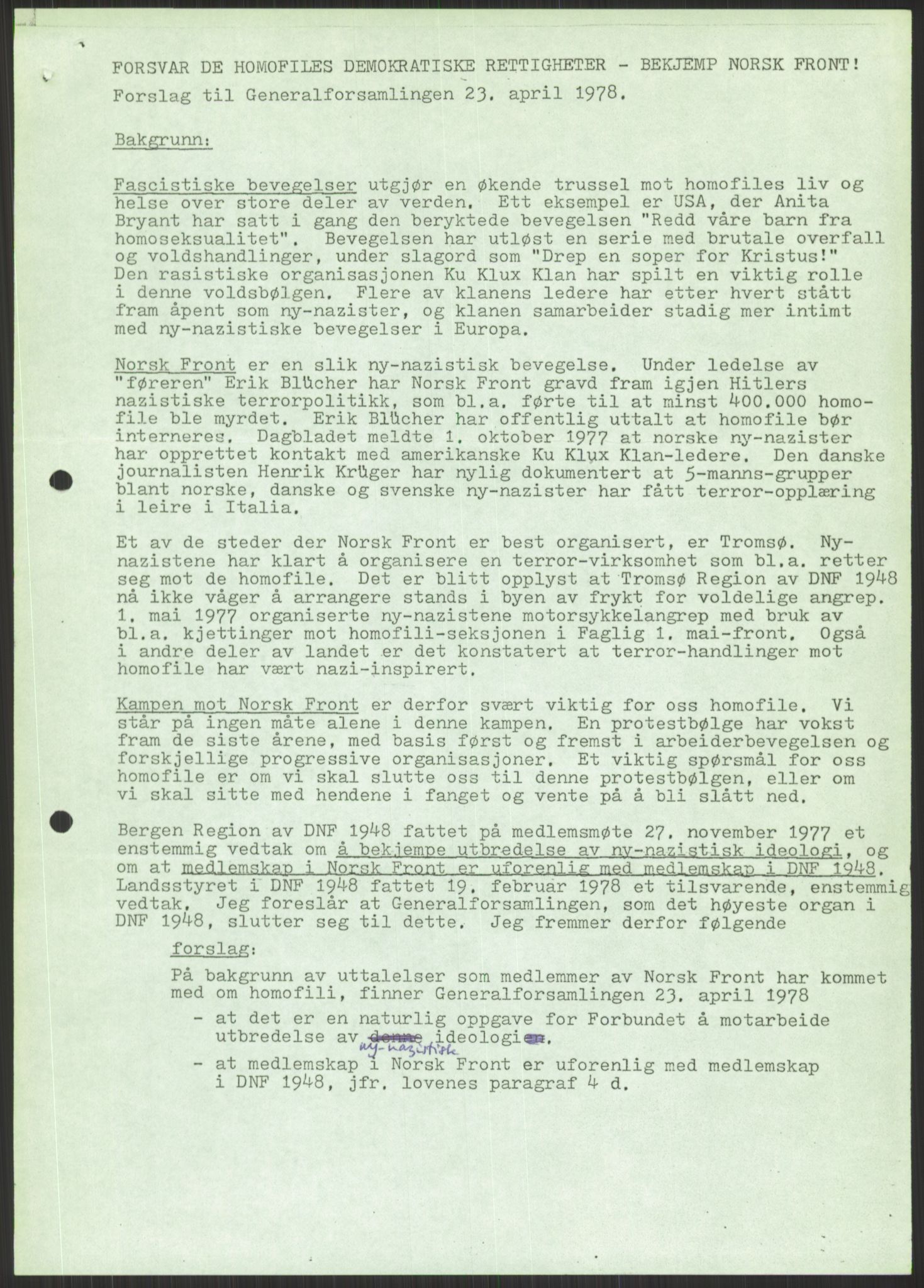 Det Norske Forbundet av 1948/Landsforeningen for Lesbisk og Homofil Frigjøring, AV/RA-PA-1216/D/Dd/L0001: Diskriminering, 1973-1991, p. 1117