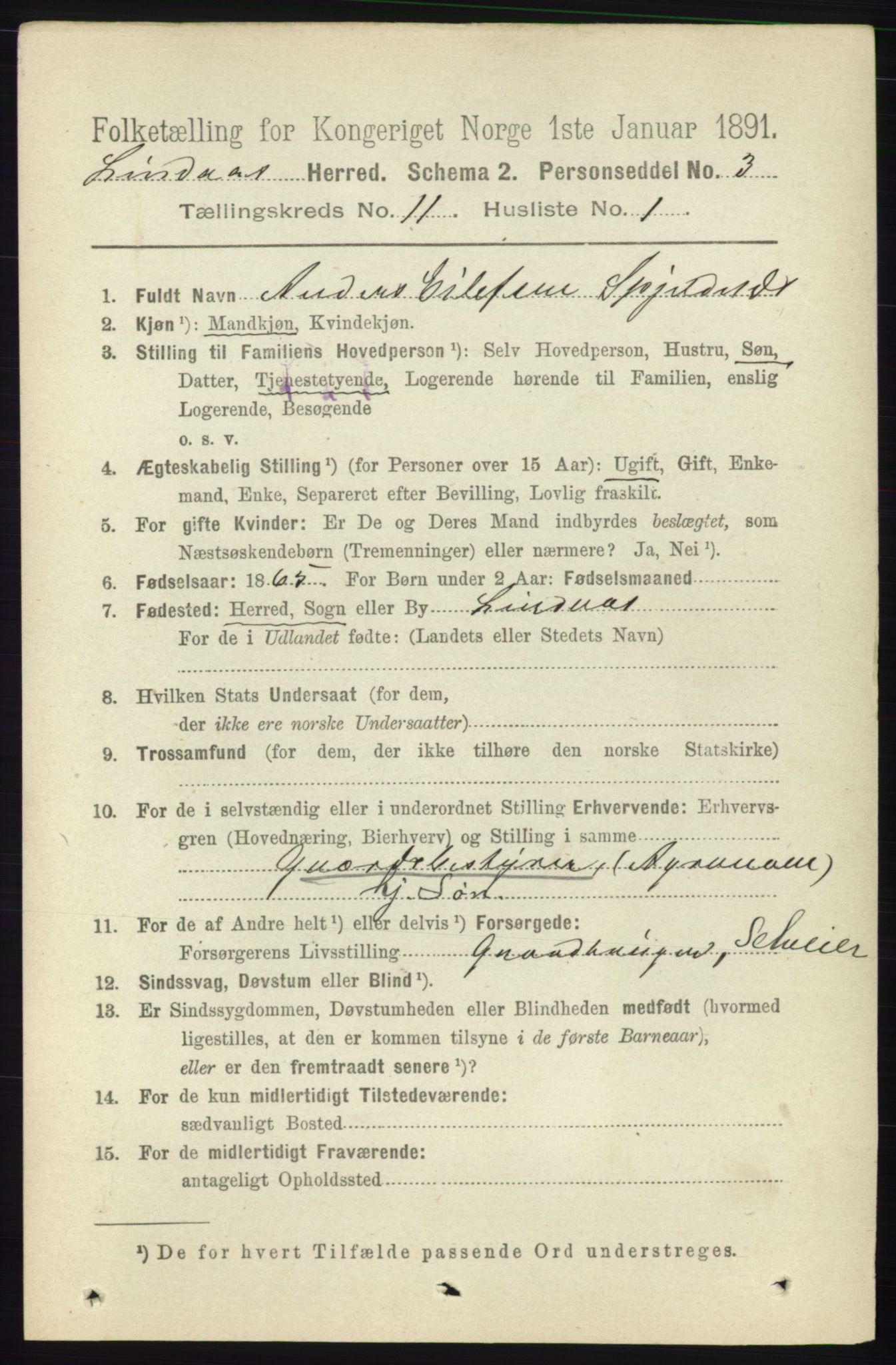 RA, 1891 census for 1263 Lindås, 1891, p. 3659