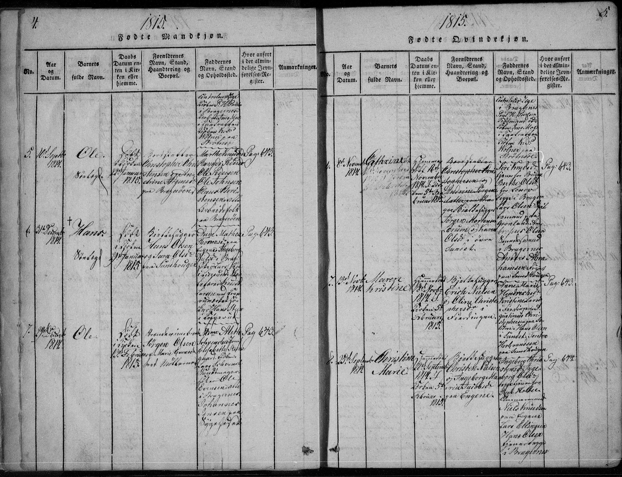 Bragernes kirkebøker, SAKO/A-6/F/Fa/L0007: Parish register (official) no. I 7, 1815-1829, p. 4-5