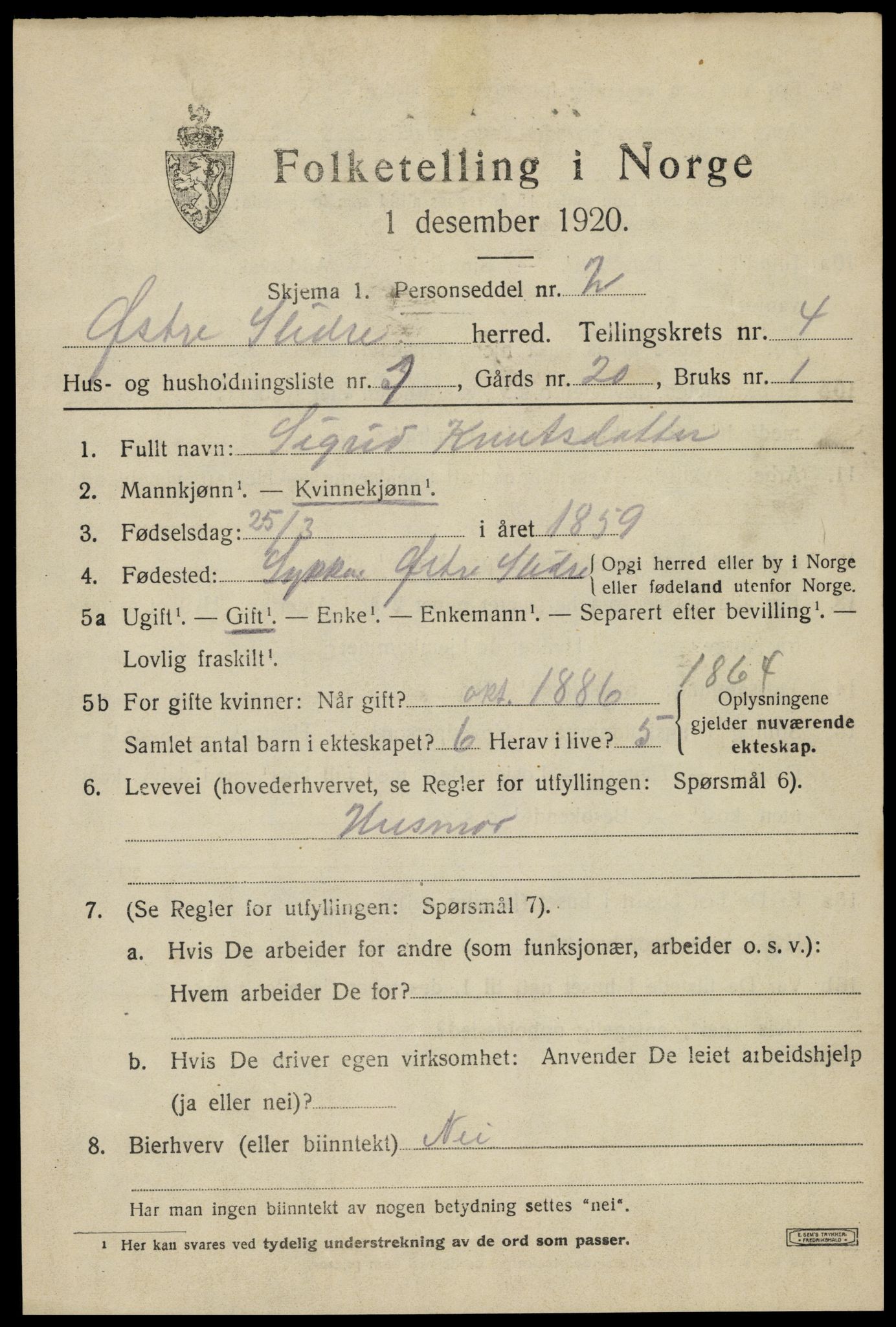 SAH, 1920 census for Øystre Slidre, 1920, p. 2435