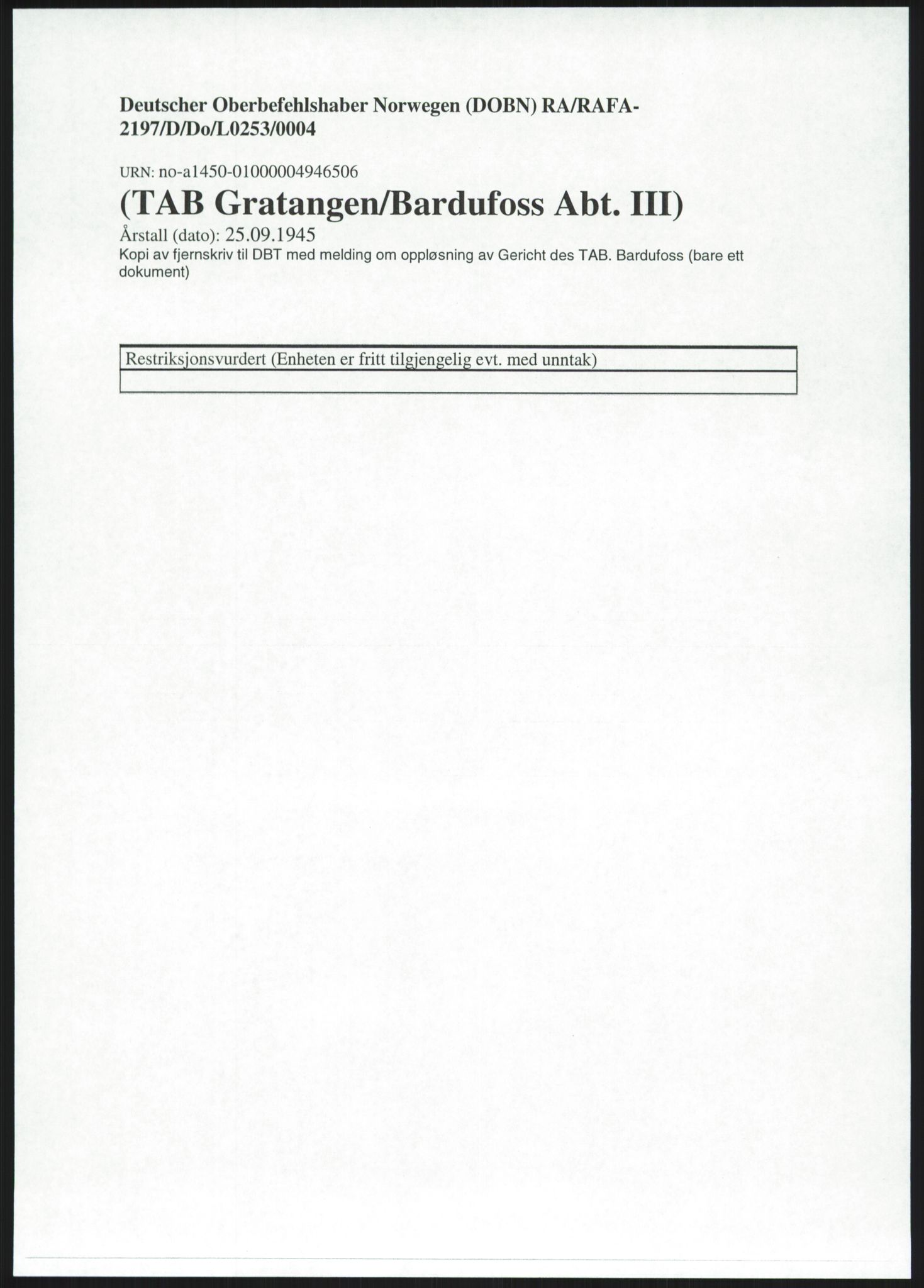 Deutscher Oberbefehlshaber Norwegen (DOBN), RA/RAFA-2197/D/Do/L0253/0004: TAB Gratangen/Bardufoss / (TAB Gratangen/Bardufoss Abt. III), 1945