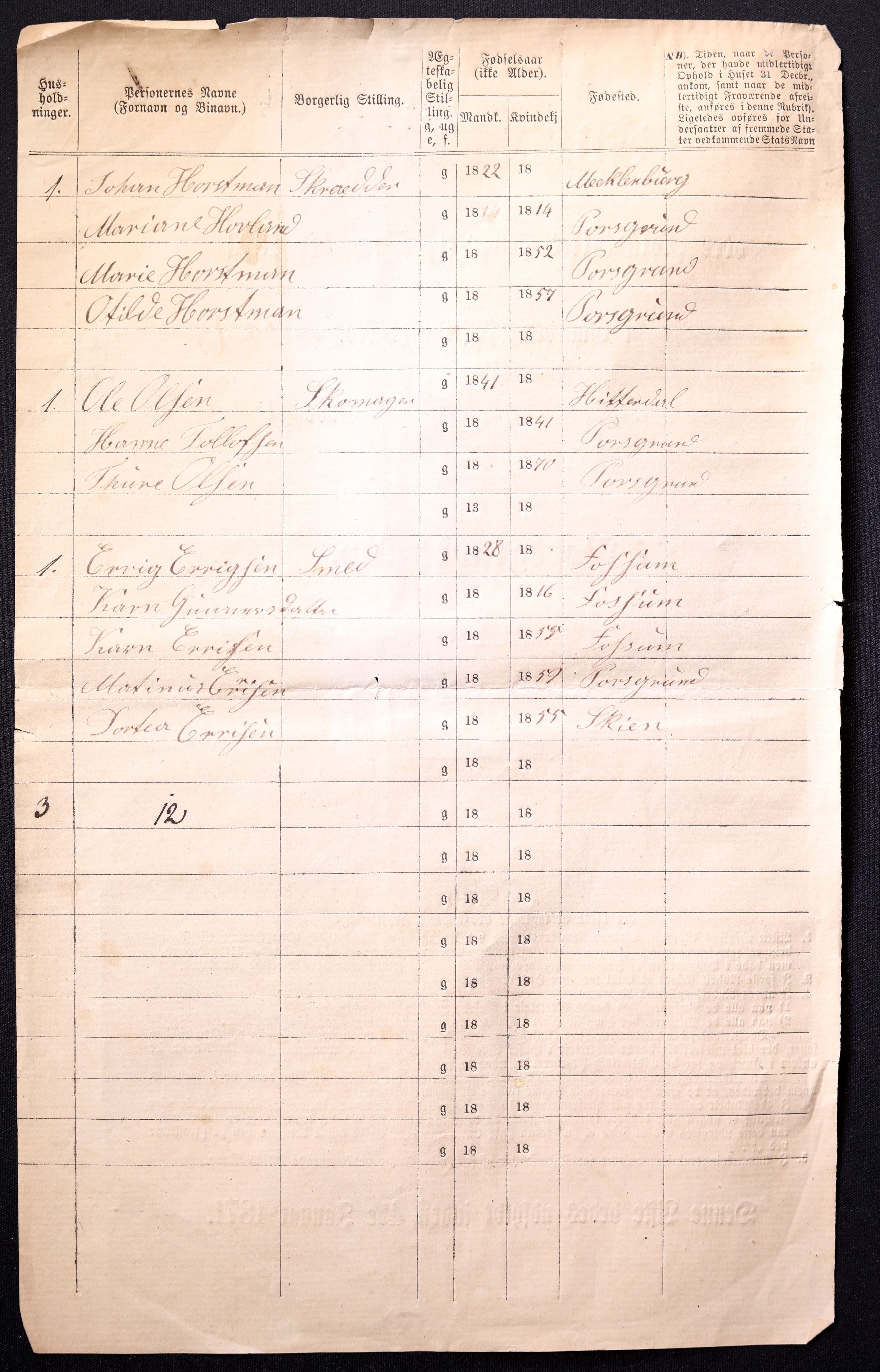 RA, 1870 census for 0805 Porsgrunn, 1870, p. 4