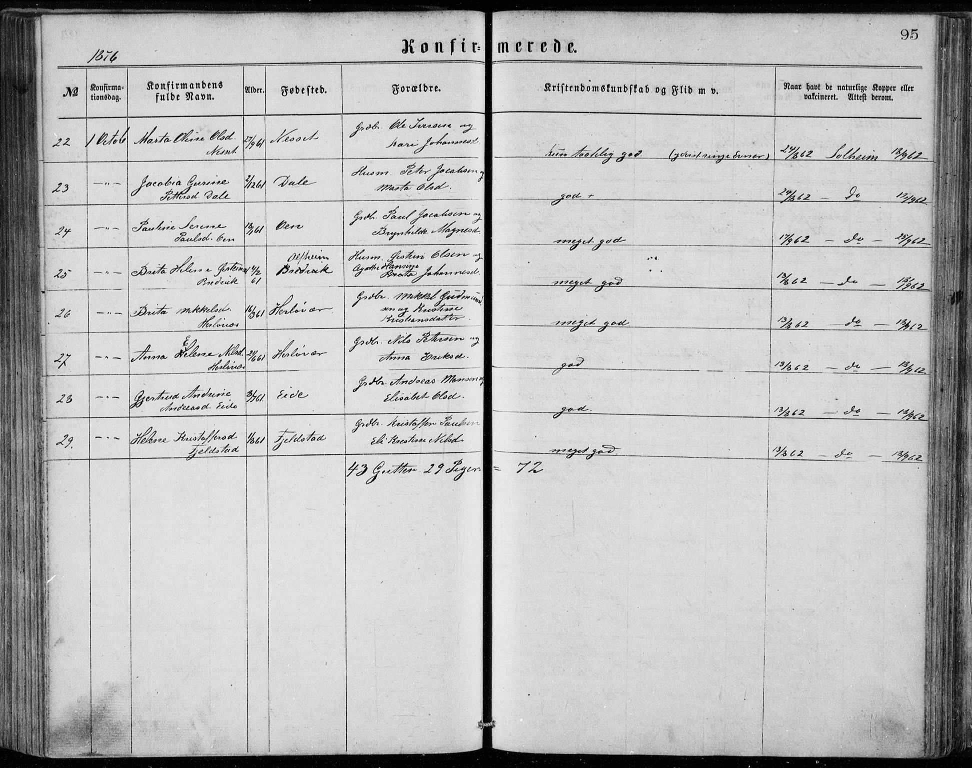 Herdla Sokneprestembete, AV/SAB-A-75701/H/Haa: Parish register (official) no. A 2, 1869-1877, p. 95