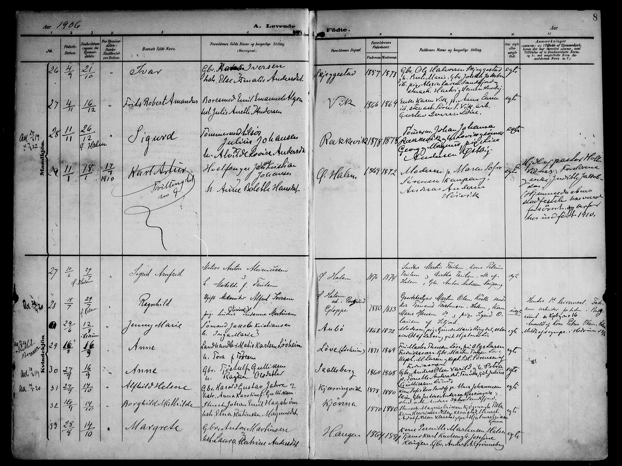 Tjølling kirkebøker, AV/SAKO-A-60/F/Fa/L0010: Parish register (official) no. 10, 1906-1923, p. 8