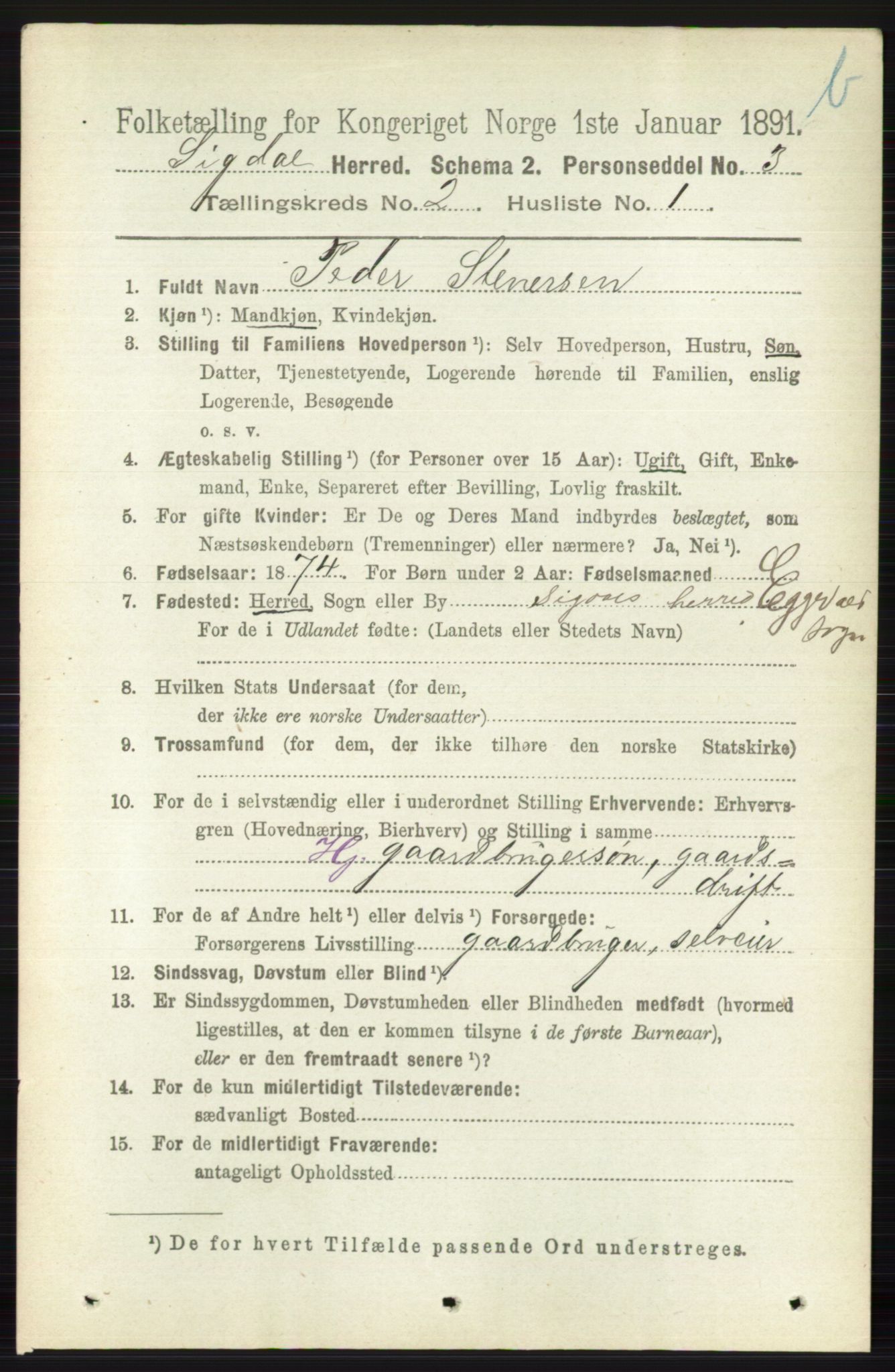 RA, 1891 census for 0621 Sigdal, 1891, p. 3920