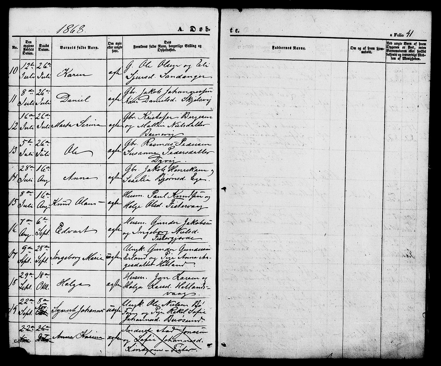 Hjelmeland sokneprestkontor, SAST/A-101843/01/V/L0005: Parish register (copy) no. B 5, 1853-1892, p. 41