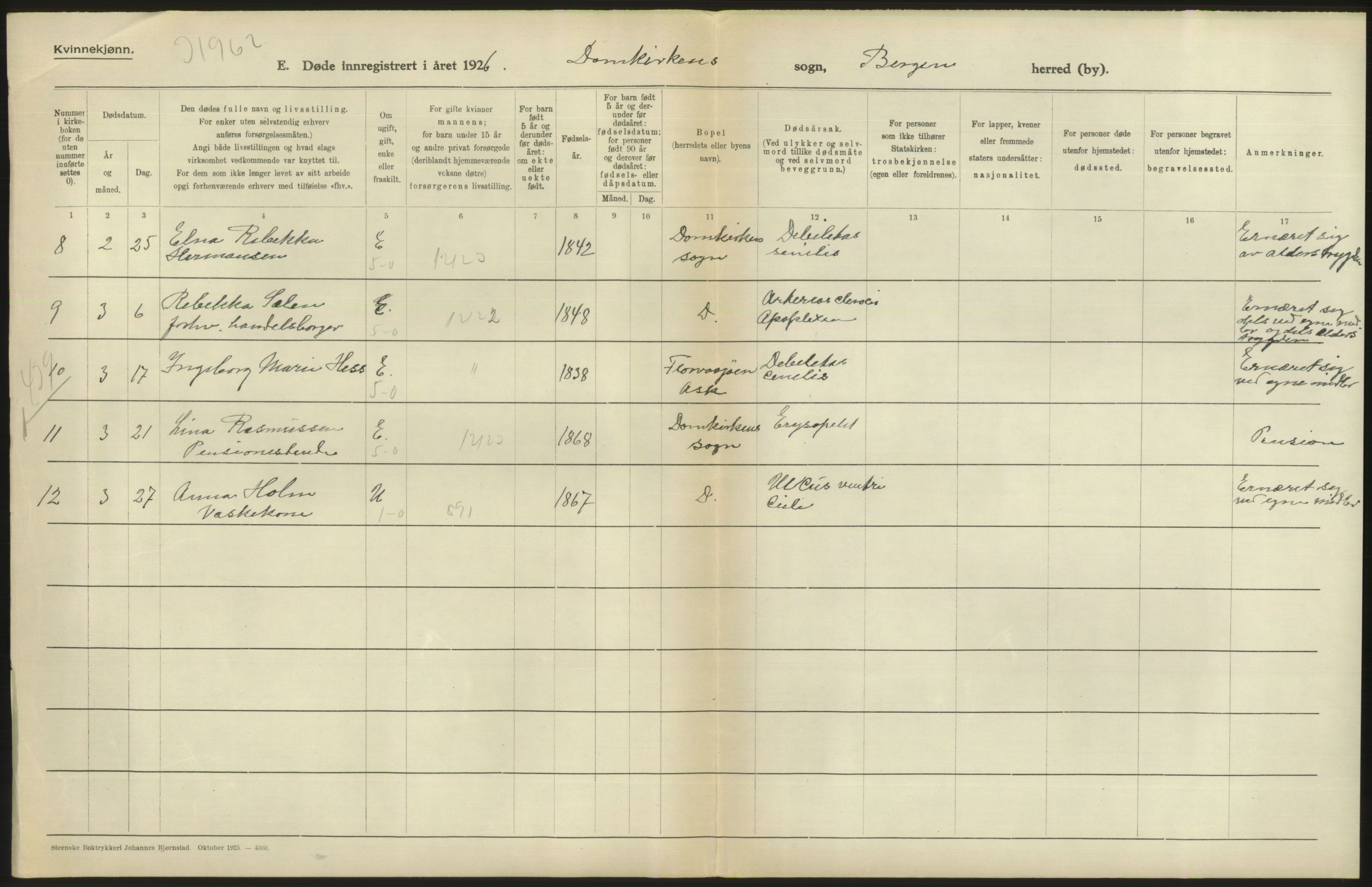 Statistisk sentralbyrå, Sosiodemografiske emner, Befolkning, AV/RA-S-2228/D/Df/Dfc/Dfcf/L0028: Bergen: Gifte, døde, dødfødte., 1926, p. 352