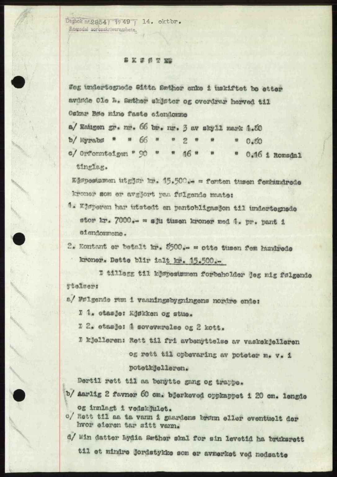 Romsdal sorenskriveri, AV/SAT-A-4149/1/2/2C: Mortgage book no. A31, 1949-1949, Diary no: : 2854/1949