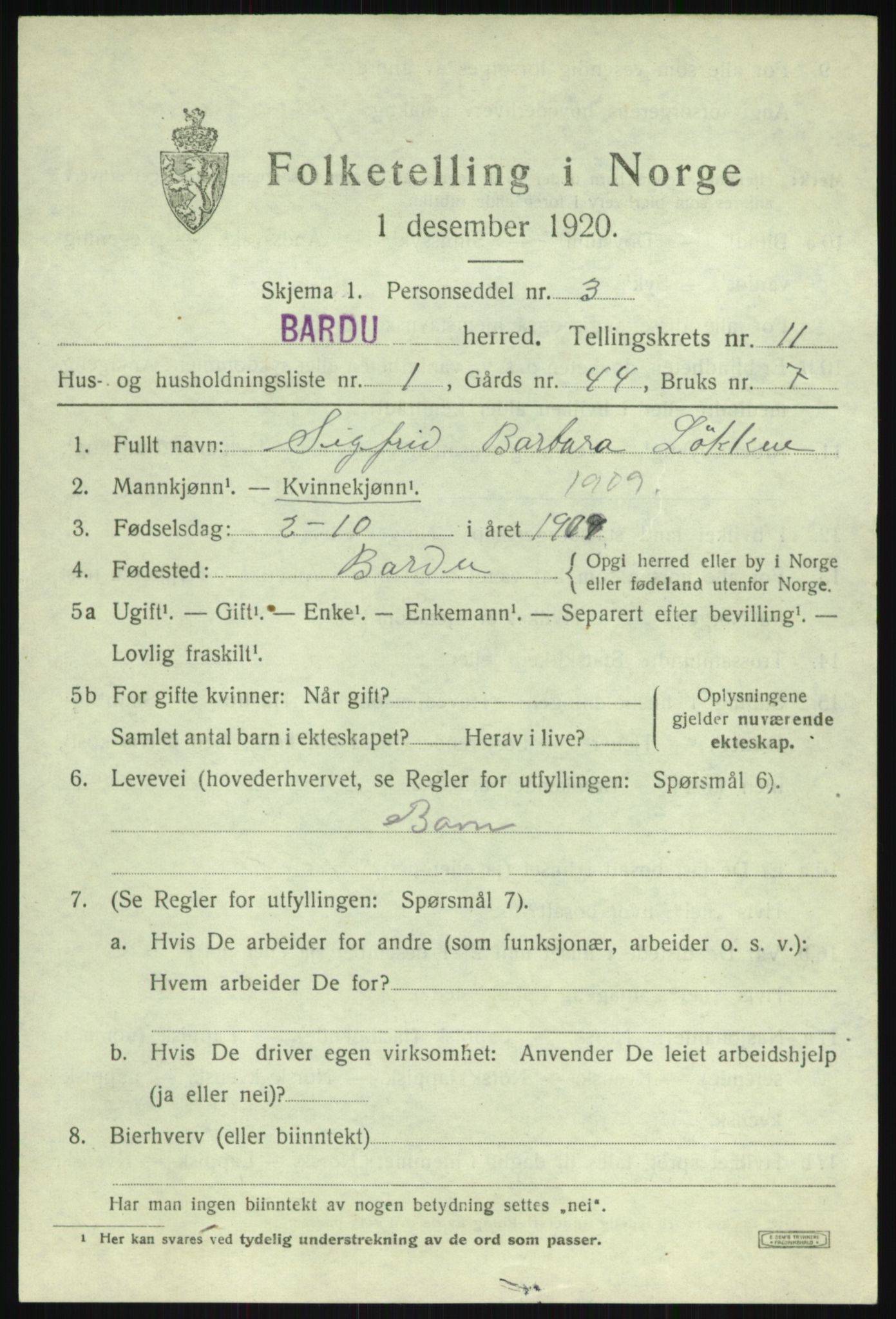 SATØ, 1920 census for Bardu, 1920, p. 3491