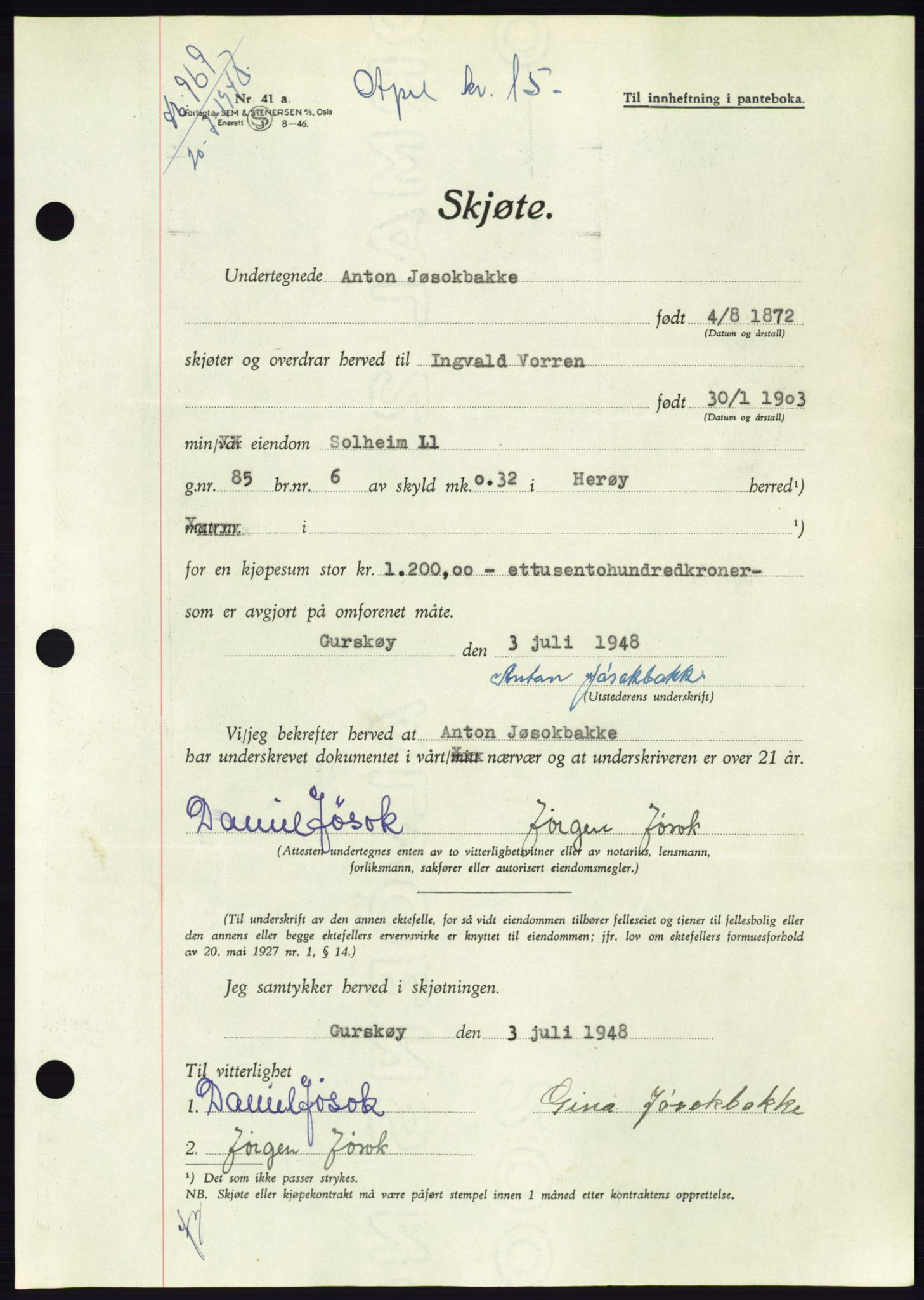 Søre Sunnmøre sorenskriveri, AV/SAT-A-4122/1/2/2C/L0082: Mortgage book no. 8A, 1948-1948, Diary no: : 969/1948