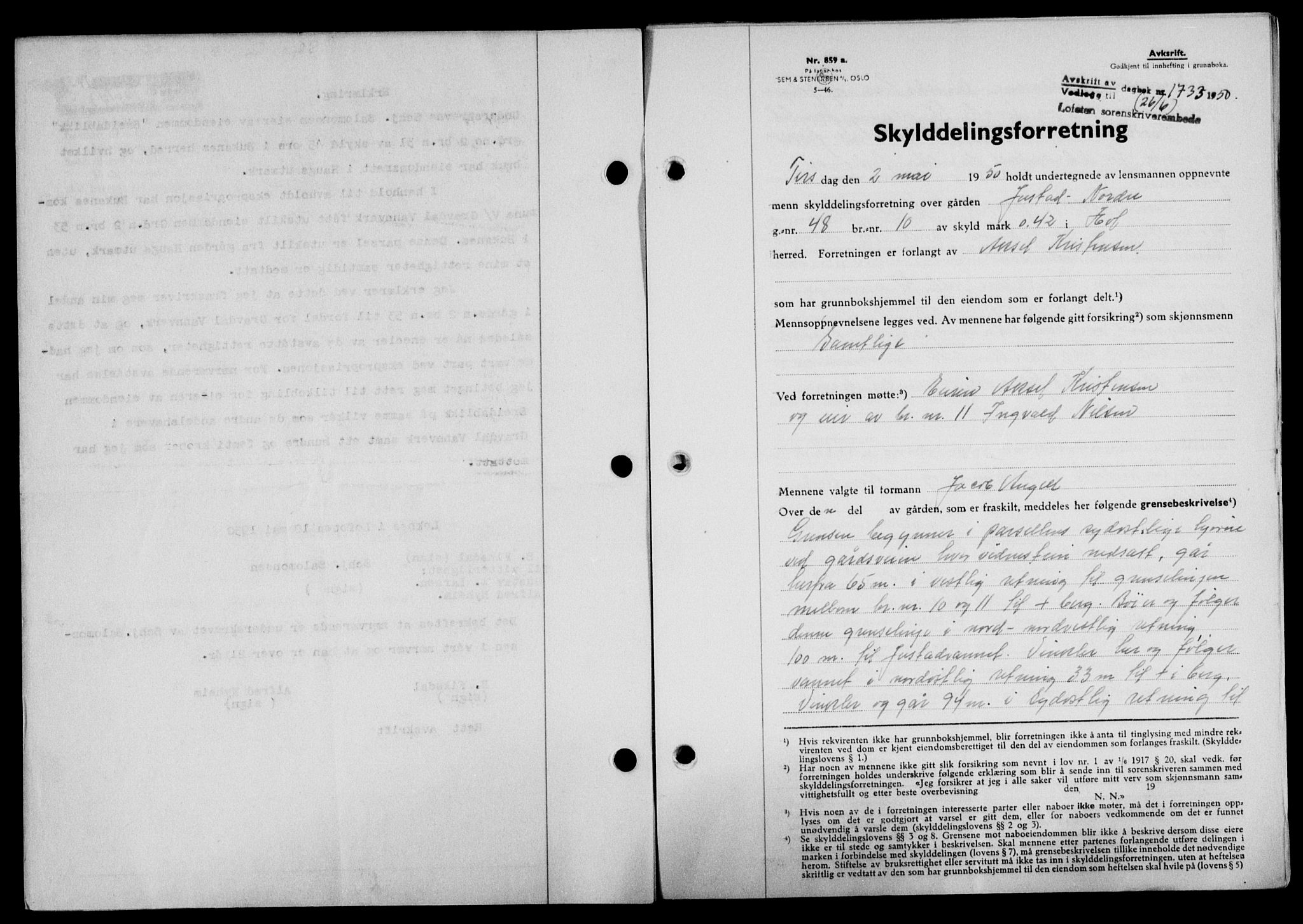 Lofoten sorenskriveri, SAT/A-0017/1/2/2C/L0023a: Mortgage book no. 23a, 1950-1950, Diary no: : 1733/1950