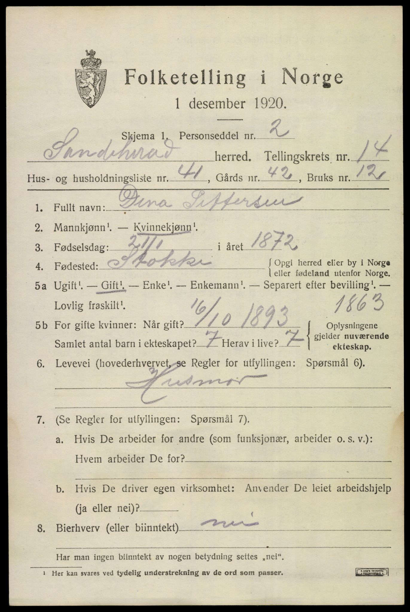 SAKO, 1920 census for Sandeherred, 1920, p. 20738