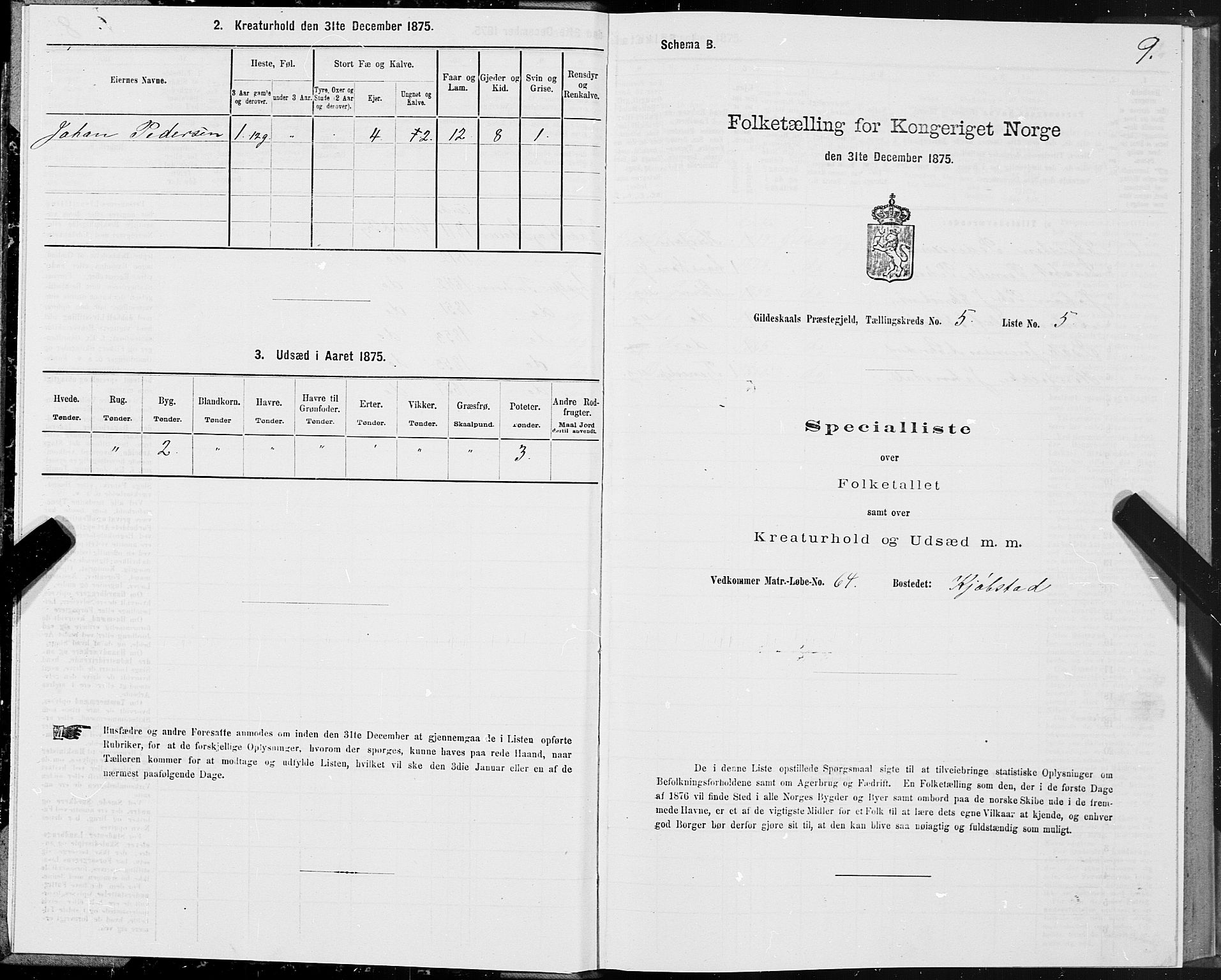 SAT, 1875 census for 1838P Gildeskål, 1875, p. 3009