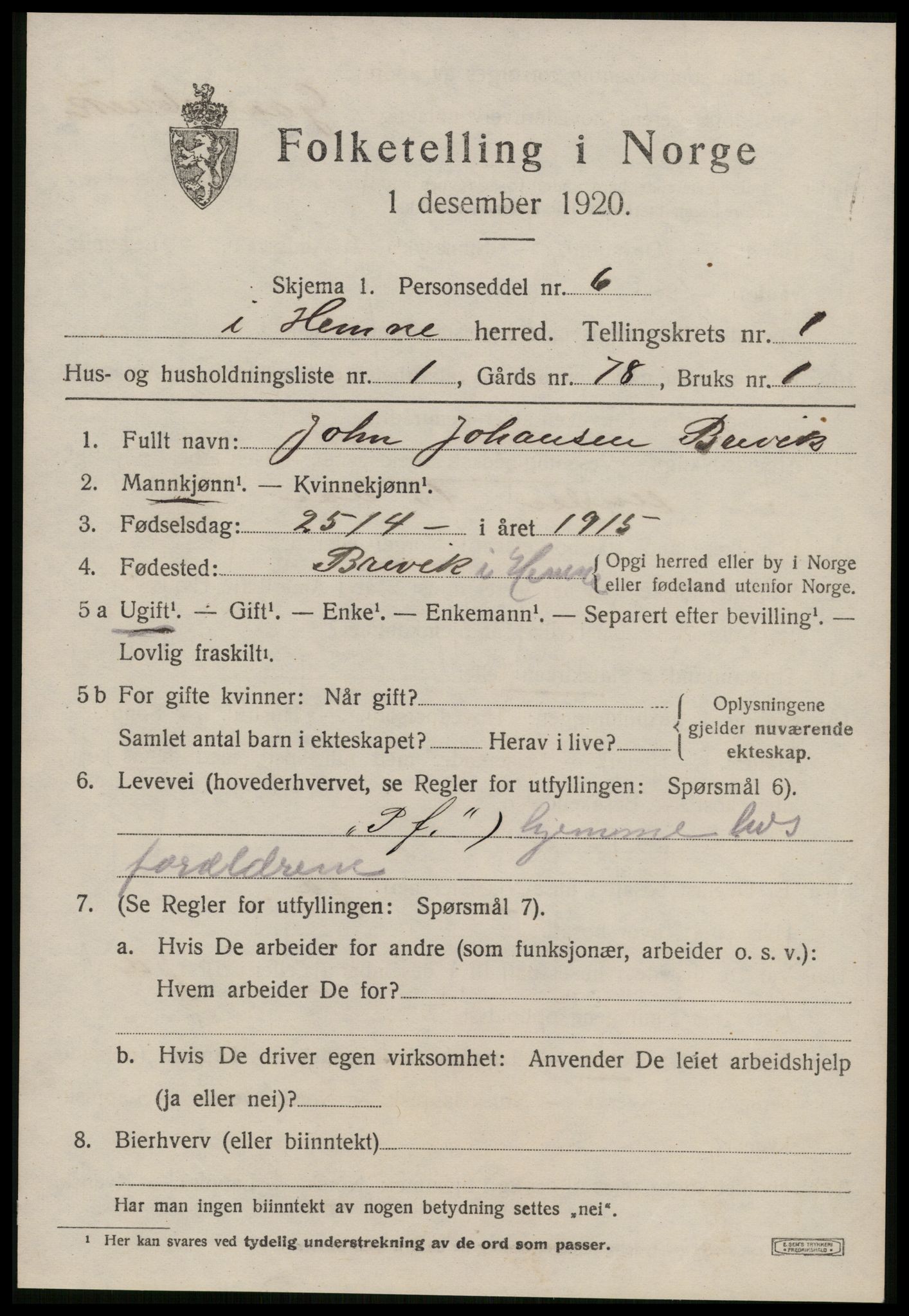 SAT, 1920 census for Hemne, 1920, p. 1246