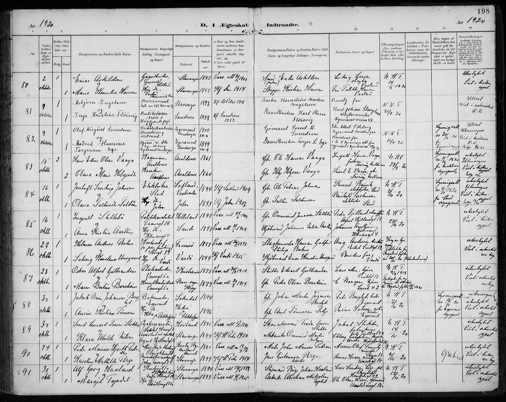 St. Petri sokneprestkontor, AV/SAST-A-101813/002/A/L0003: Parish register (official) no. A 24, 1900-1921, p. 198