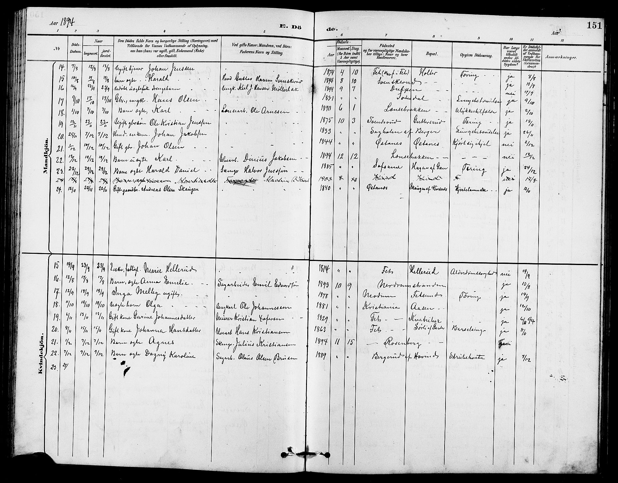 Fet prestekontor Kirkebøker, AV/SAO-A-10370a/G/Ga/L0007: Parish register (copy) no. I 7, 1892-1906, p. 151