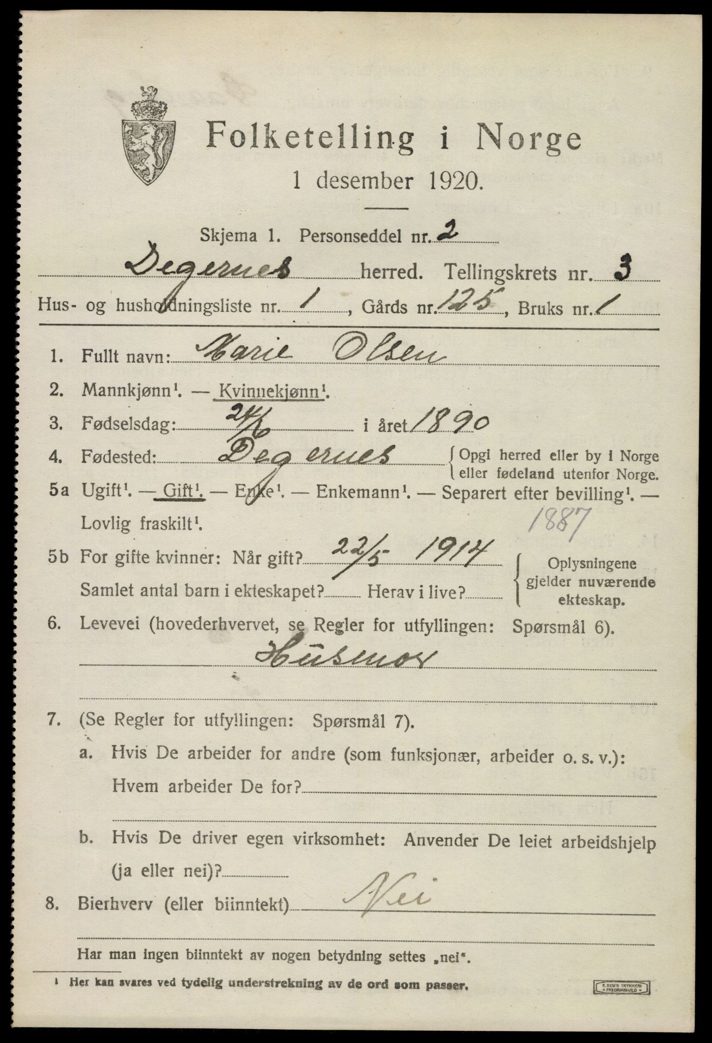 SAO, 1920 census for Degernes, 1920, p. 2092